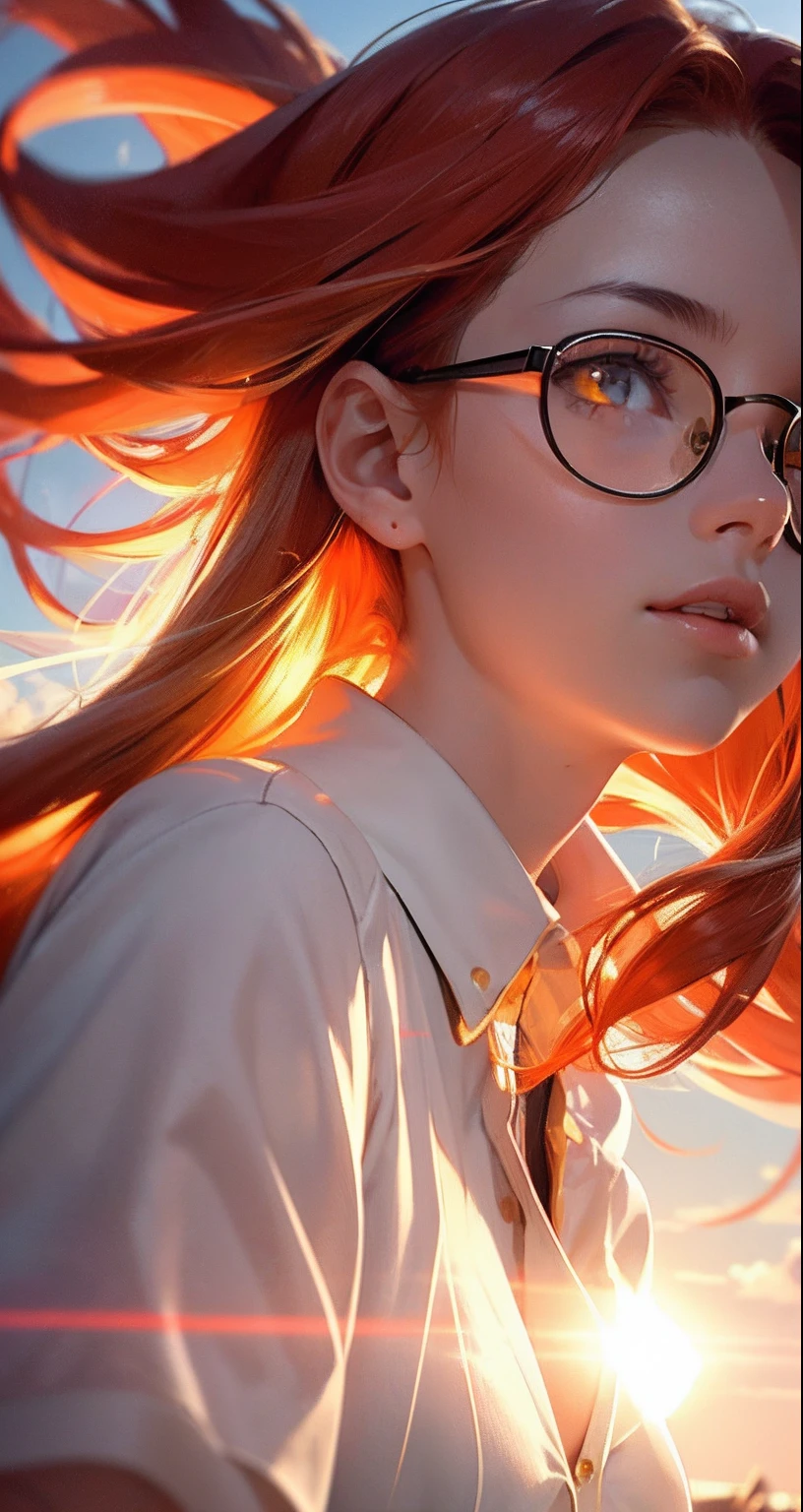 masterpiece, best quality, movie still, 1girl, cloud girl, floating in the sky, close-up, bright, happy, warm soft lighting, sunset, (sparks:0.7), long wave hair,  red hair,  forehead,  yellow eyes,  golden eyes, glasses.