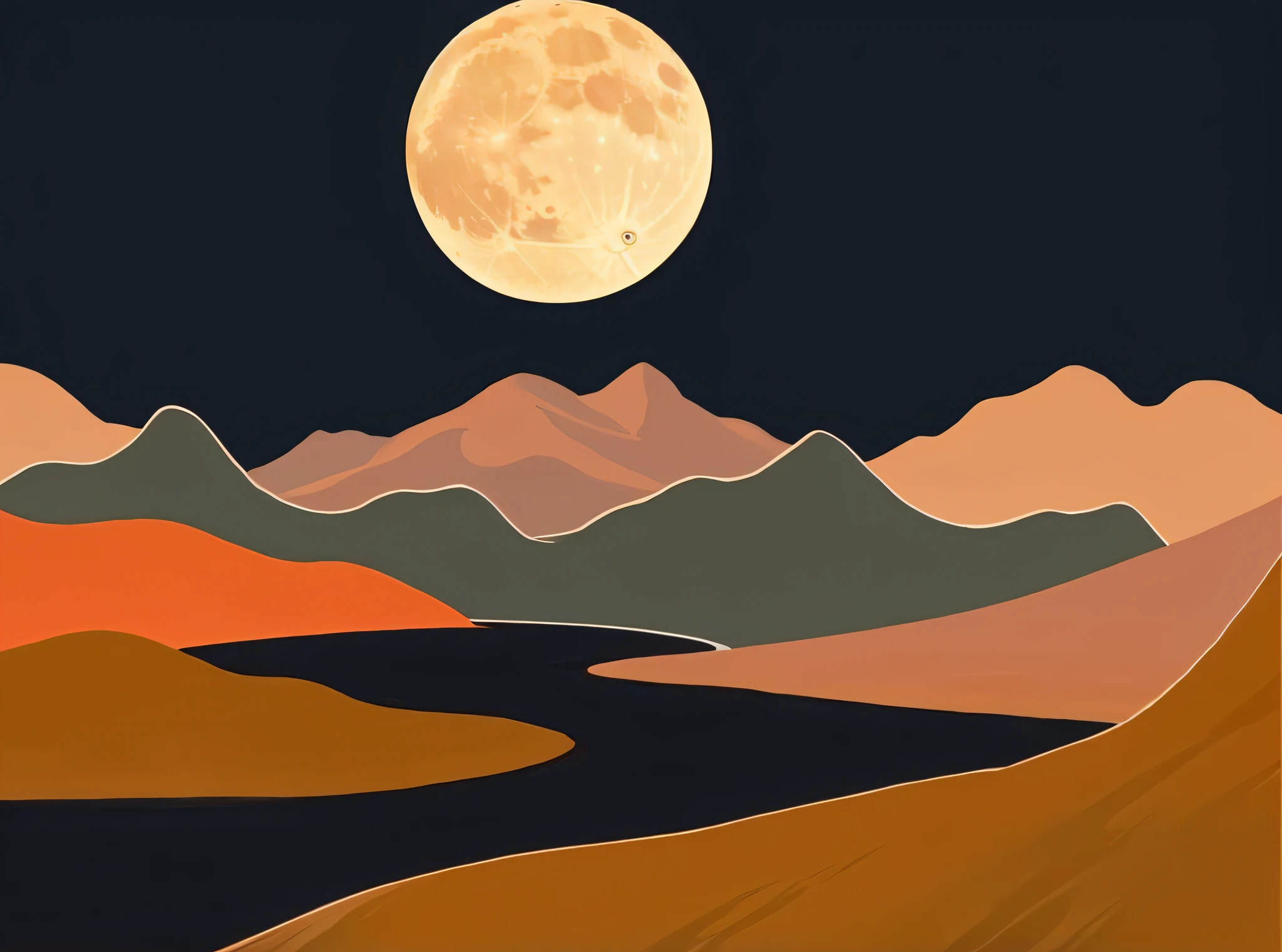 Picture illustration of full moon on desert landscape, Barren moon landscape, moon landscape, sandy white moon landscape, moonscape, Lunar landscape, ☁🌪🌙👩🏾, warm color scheme art rendition, the moon in the background, at night with full moon, Gloomy earth tones, digital landscape art, the planet is warm with canyons, Landscape illustration