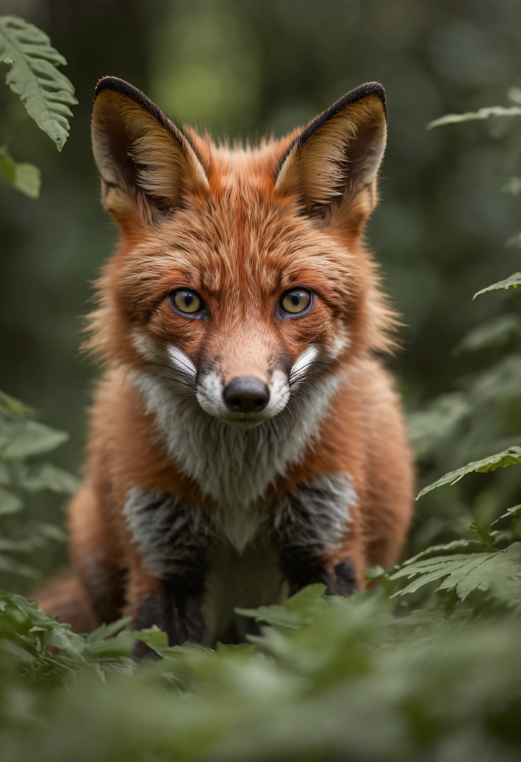 High nation-geographic symmetrical close-up portrait shoot in green jungle of an expressive fox, anamorphic lens, ultra-realistic, hyper-detailed, green-core, jungle-core –ar 16:9 –q 2 –v 5