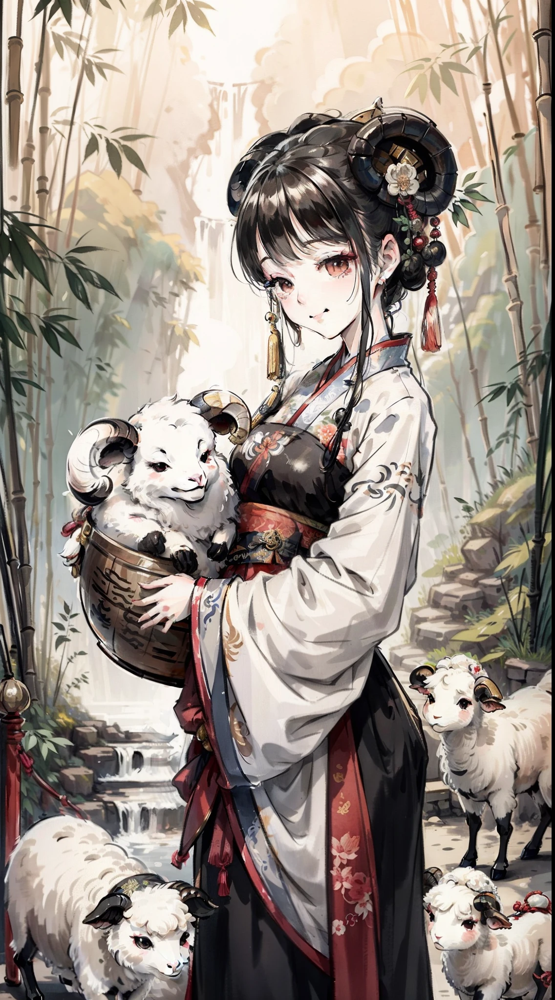[（ Four sheep Fangzun)The anthropomorphic image is a beautiful woman in Han clothes，Hair flutters in the wind）]，Traditional Chinese Ink Painting, ModelShoot style, Peaceful, (Smile),Bamboo forest in background,