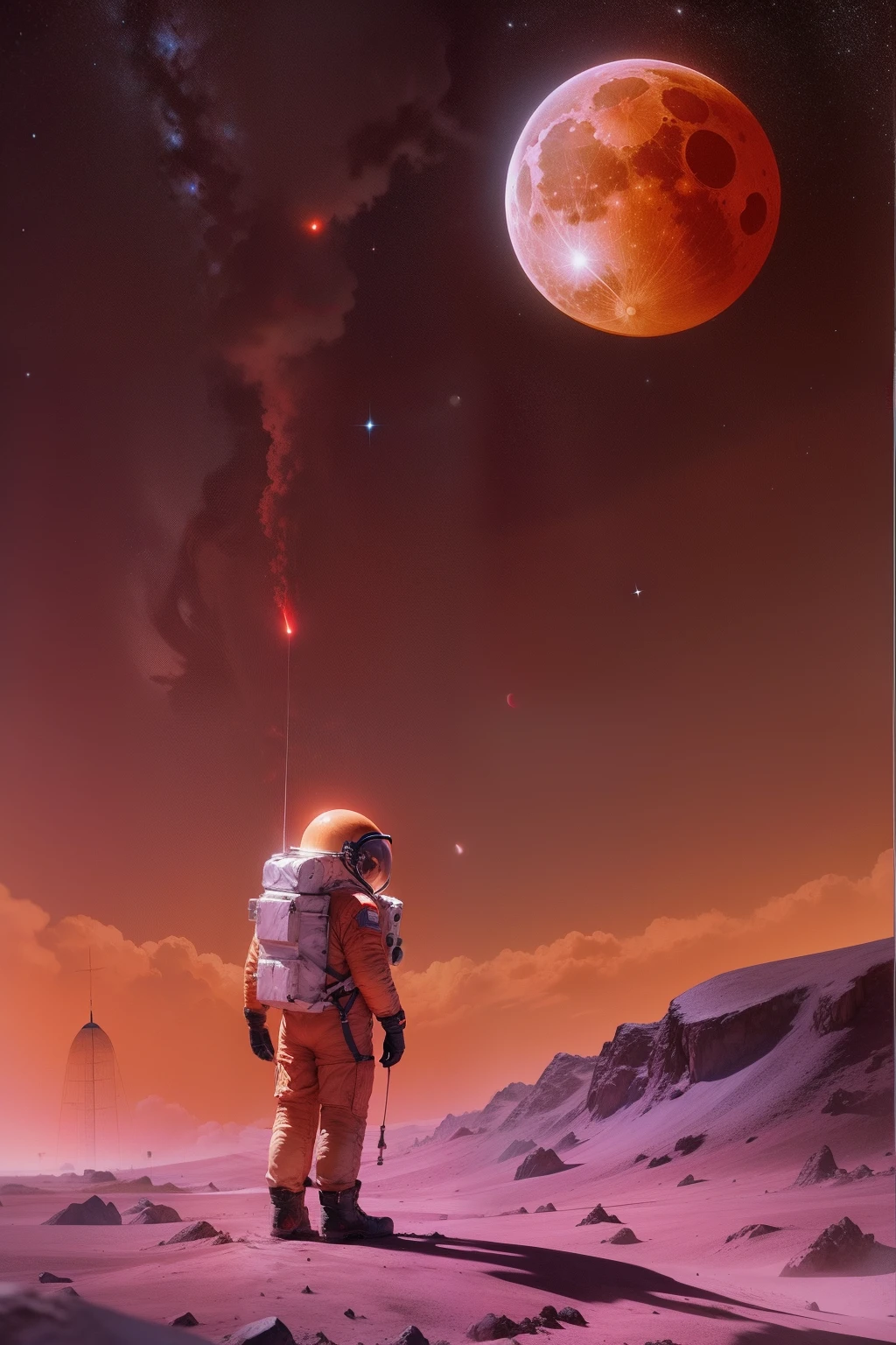 astronaute qui regarde la lune rouge
