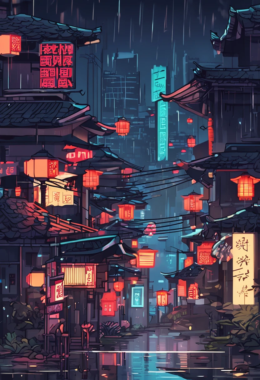 Vistas,a lot of lights on the buildings,dreamy Chinese towns,A Japanese town,Japanese village,Superpixel photo of a small town,rainy evening, Well-lit building, In the evening in the rain,。But join in the cyberpunk style,Lots of pixel wind。There are some characters,But don't fill up the picture。Cyberpunk elements,A large number of pixel elements