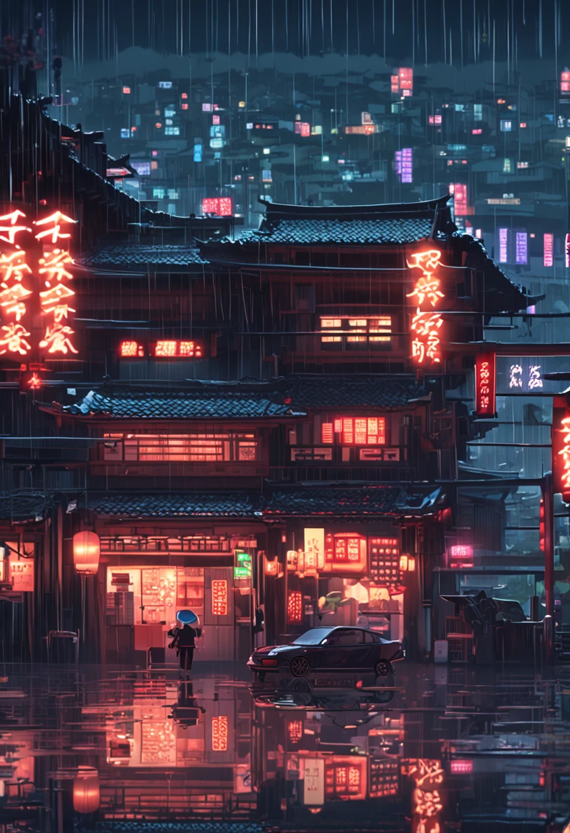 Vistas,a lot of lights on the buildings,dreamy Chinese towns,A Japanese town,Japanese village,Superpixel photo of a small town,rainy evening, Well-lit building, In the evening in the rain,。But join in the cyberpunk style,Lots of pixel wind。There are some characters,But don't fill up the picture。Cyberpunk elements,A large number of pixel elements