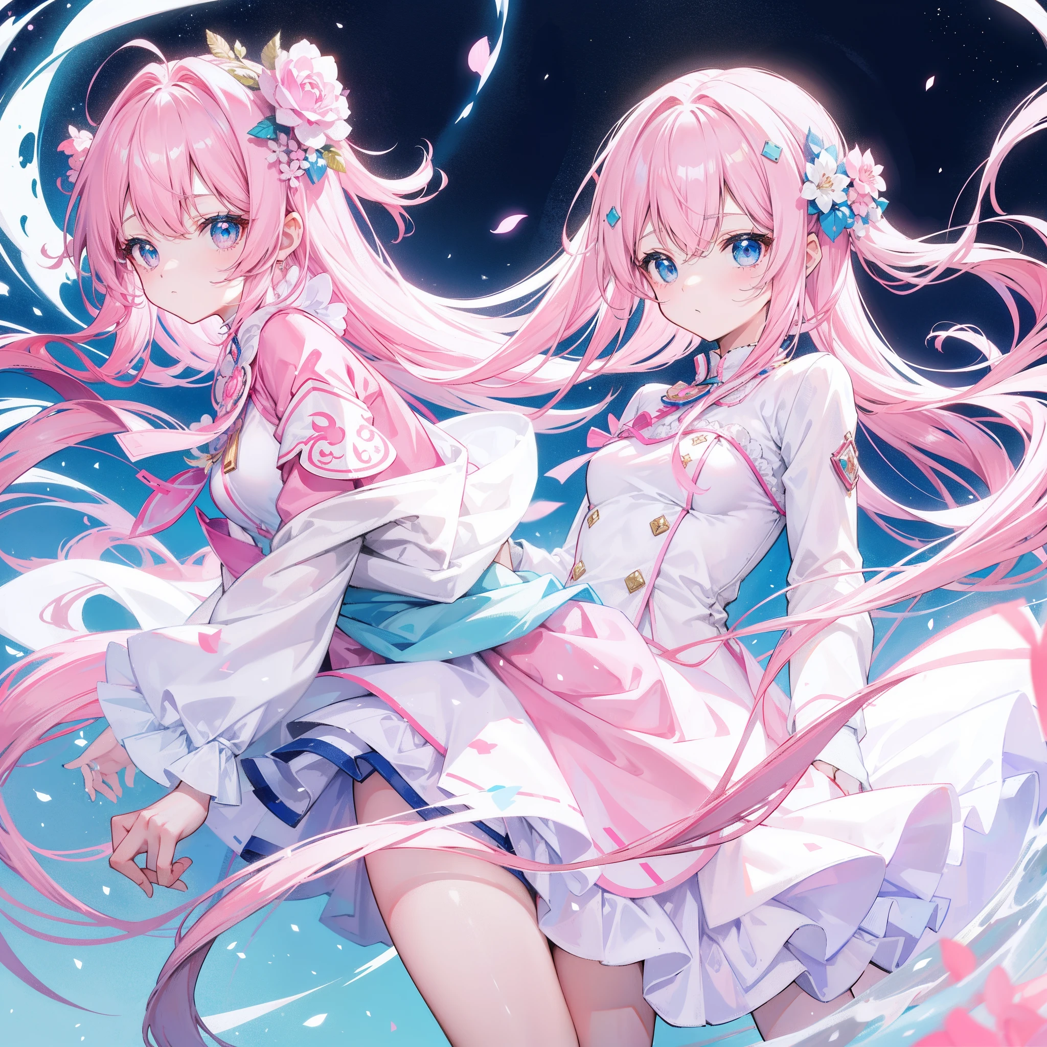 Long hair with light pink and white,Blue, White and pink clothes,She is a cute and cute girl,Transfer sister,It looks very light and gentle