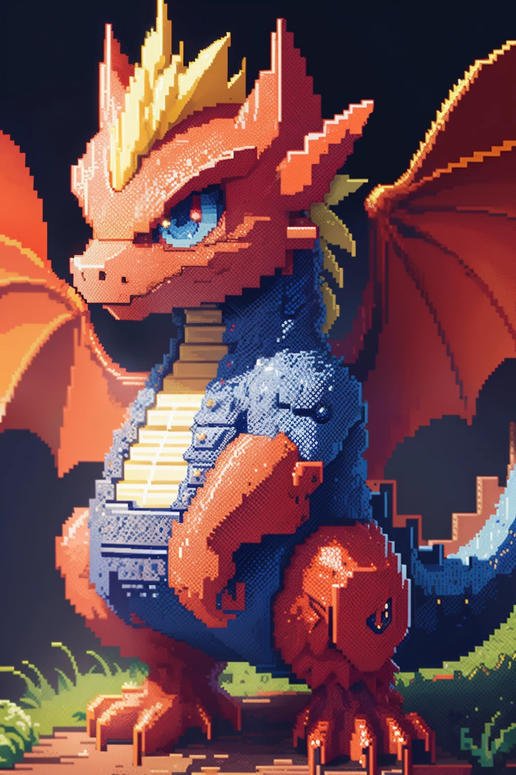 Close-up of pixel image of dragon, Dragon pixel art, 1 0 0 0 x 1 0 0 0 pixel art, pixel art sprite, videogame sprite, high quality pixel art, Pixel art vintage Digimon bitmap, For red and blue Digimon, Pixel uh, 32-bit pixel art, vintage art, pixel art 8 - bit, pixelart style