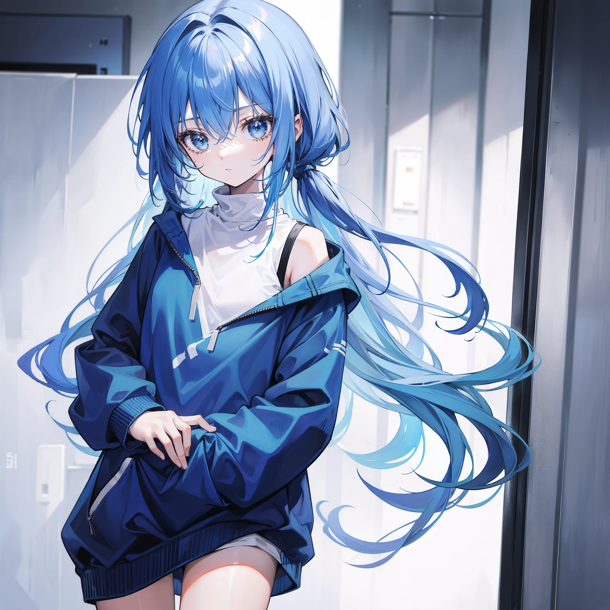 Long fleshy blue hair,Loose and simple sweatshirt,It looks small and cute