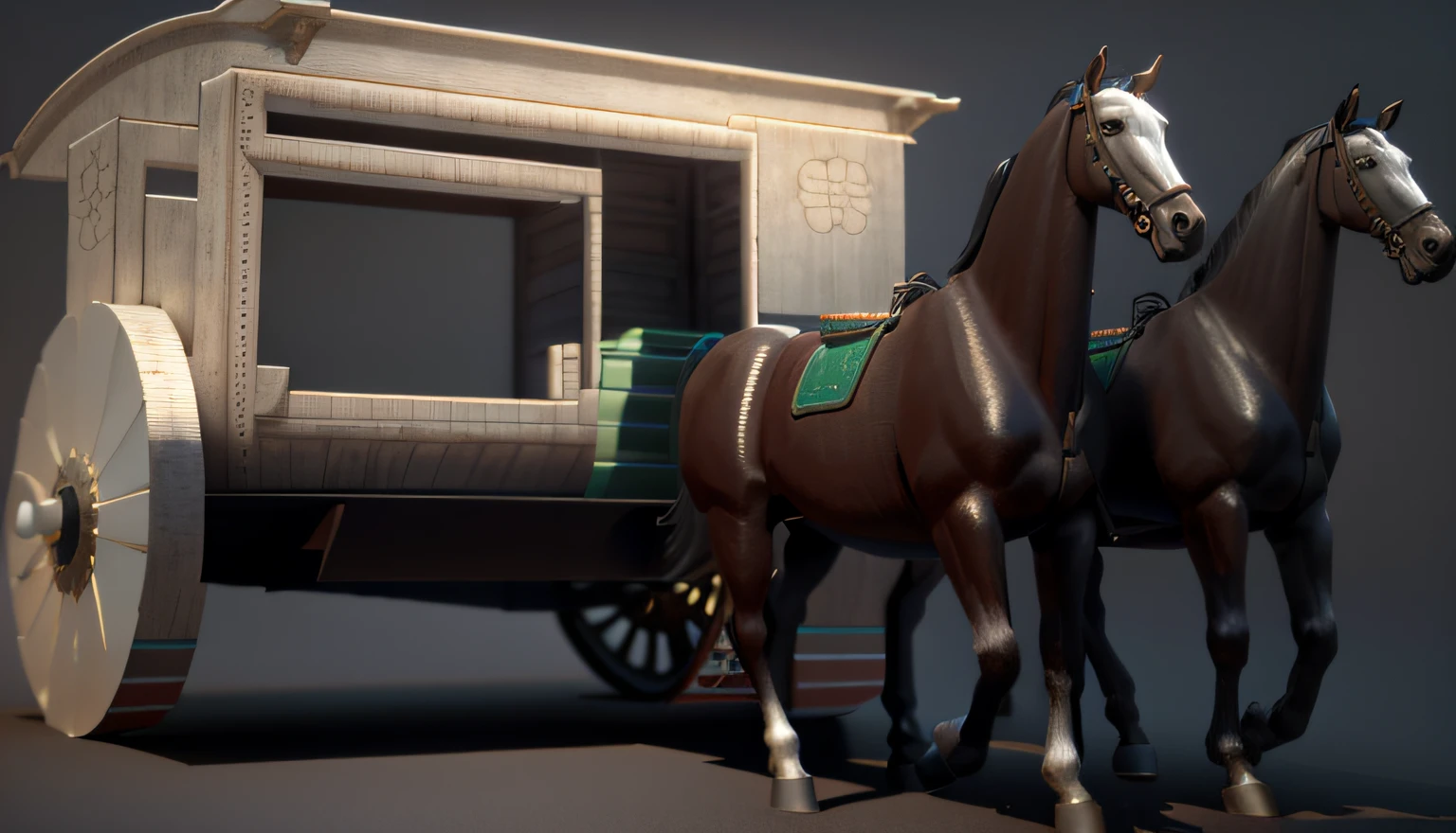 There were three horses standing next to a carriage, Qin Dynasty carriage,animation model, depicted as a 3 d render, 3 d modelling, 3d modelling, ambient occlusion render, ambient reflective occlusion, ambient occlusion render, strong ambient occlusion, 3d sculpt of a circus wagon, Environmental occlusion, detail render, 3D modeling