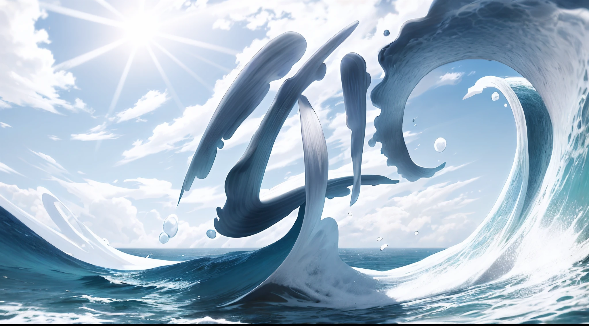 swell sea,A circle formed by ocean waves,Splashing waves,Sunnyday,White sky,high definition detail,Realisticstyle