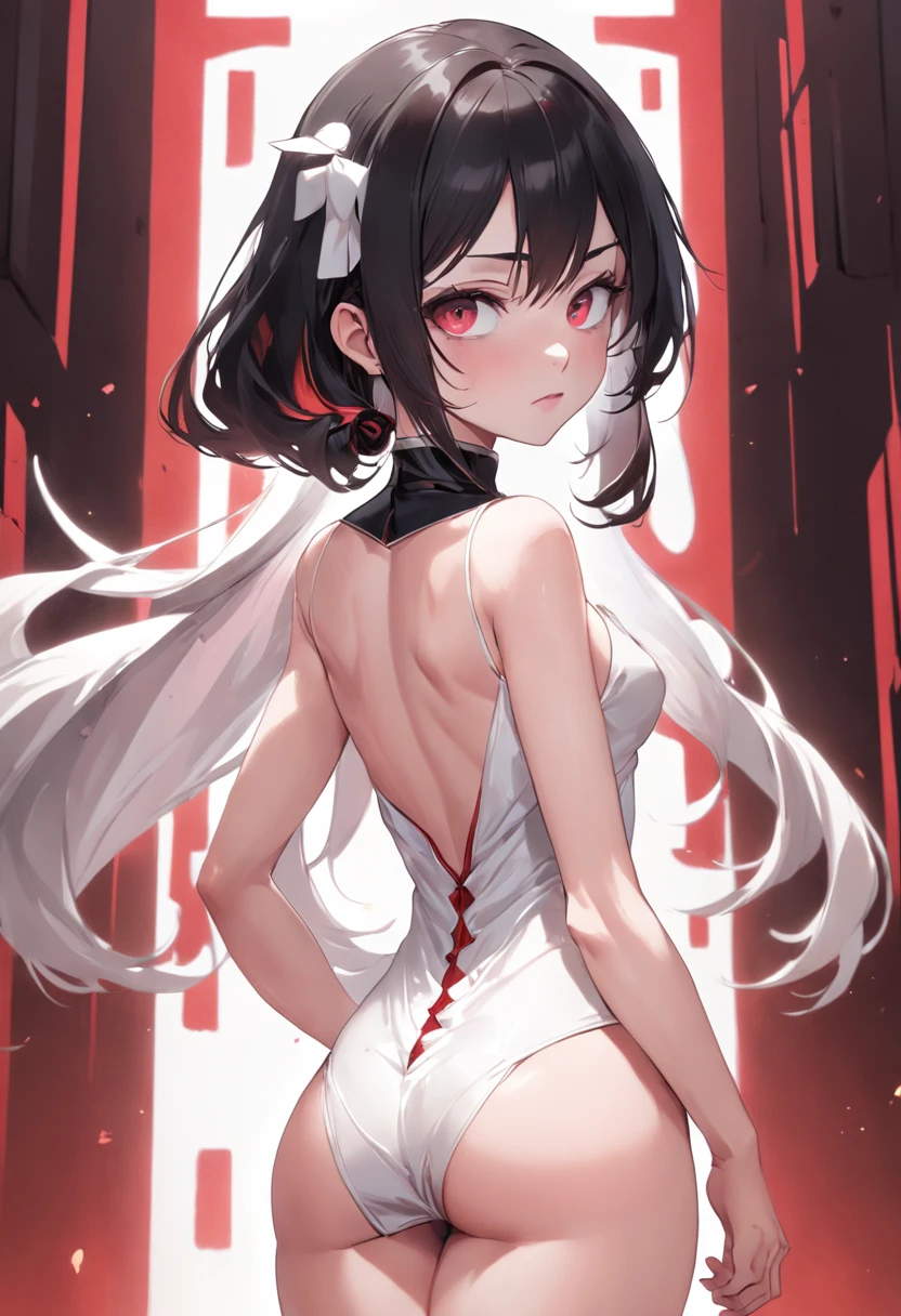 Caricatura detallada, Young white girl with black straight hair and crimson eyes, piel blanca de porcelana, Cuerpo completo, pechos grandes con vestido blanco de gala, alta calidad, High resolution, 8k, Disco duro, (Well-designed body), Amazing body, (Super detailed), Hermosos ojos, ultra detallado, ultraealista