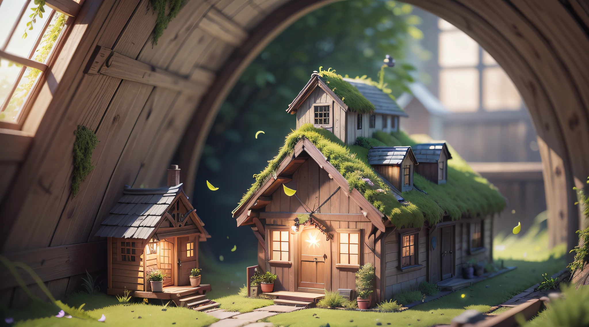 Masterpiece, Best quality, (Extremely detailed Cg Unity 8K wallpaper), (Best quality), (Best Illustration), (Best shadow),A moss-covered turnip hut surrounds the room,Firefly,petals,glowing windows,Isometric 3D, rendering by octane,Ray tracing,Ultra detailed, Java-style architecture