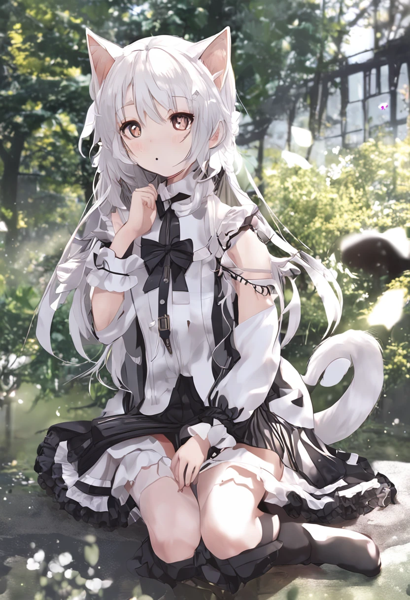 Cat cat girl,dual horsetail,A cute look,largeeyes,Gothololita,Garden background,Cat ears,a cat tail,leg loops,white color hair,white long boots,Bow knot,at winter season