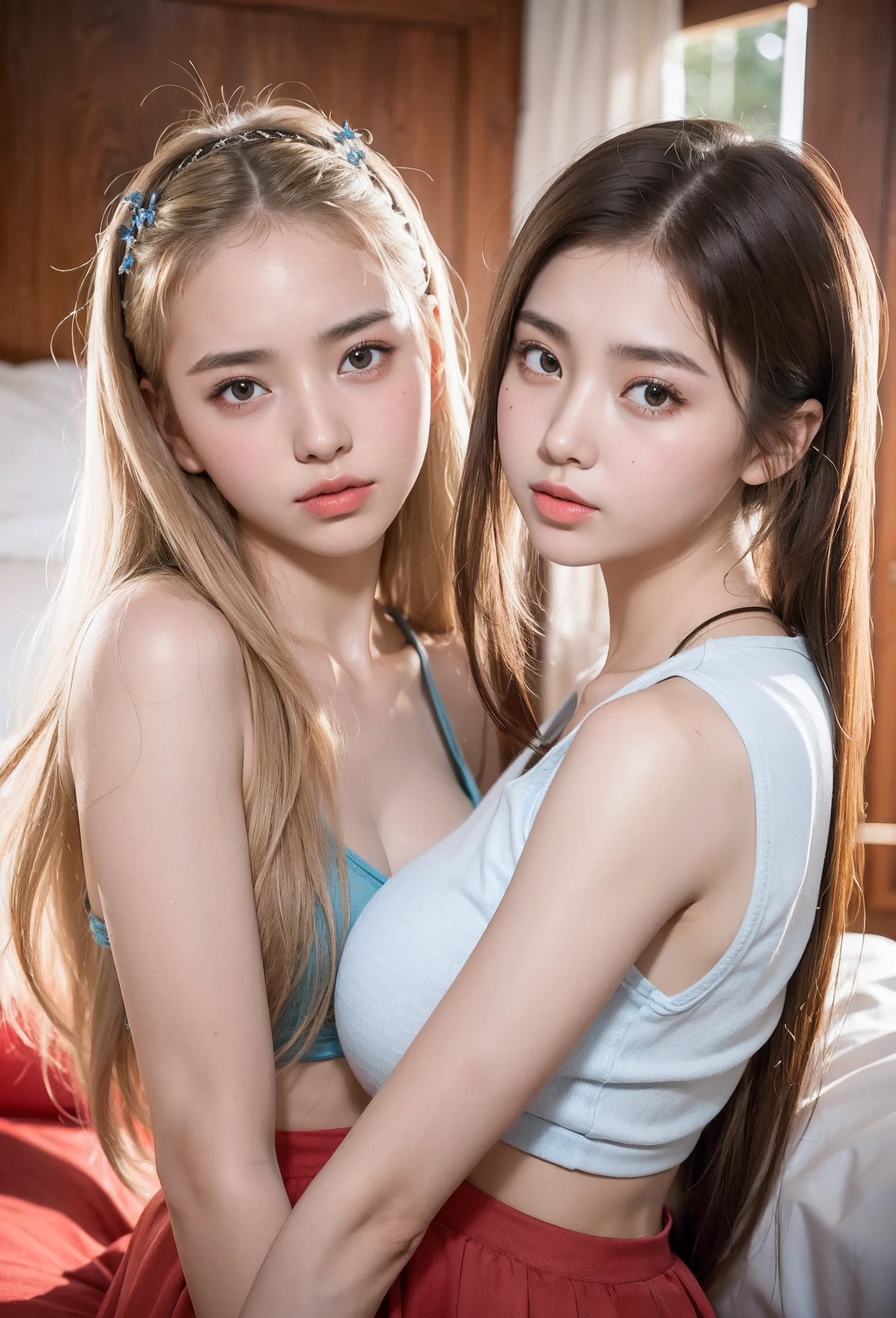 maior,(((two girls,duo,stroking))), Big Big Tits, slim figure, femele, Blue Sleeveless T-Shirt, White chiffon skirt, Bedroom, bangss, a junior high school student, stright long hair, maior,realskin, Sleep habits