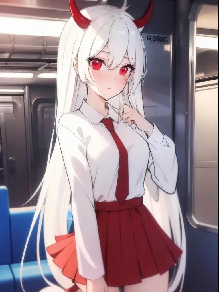 masterpiece，highest  quality，1girll，red eyes，White hair，corners，tail，In the subway