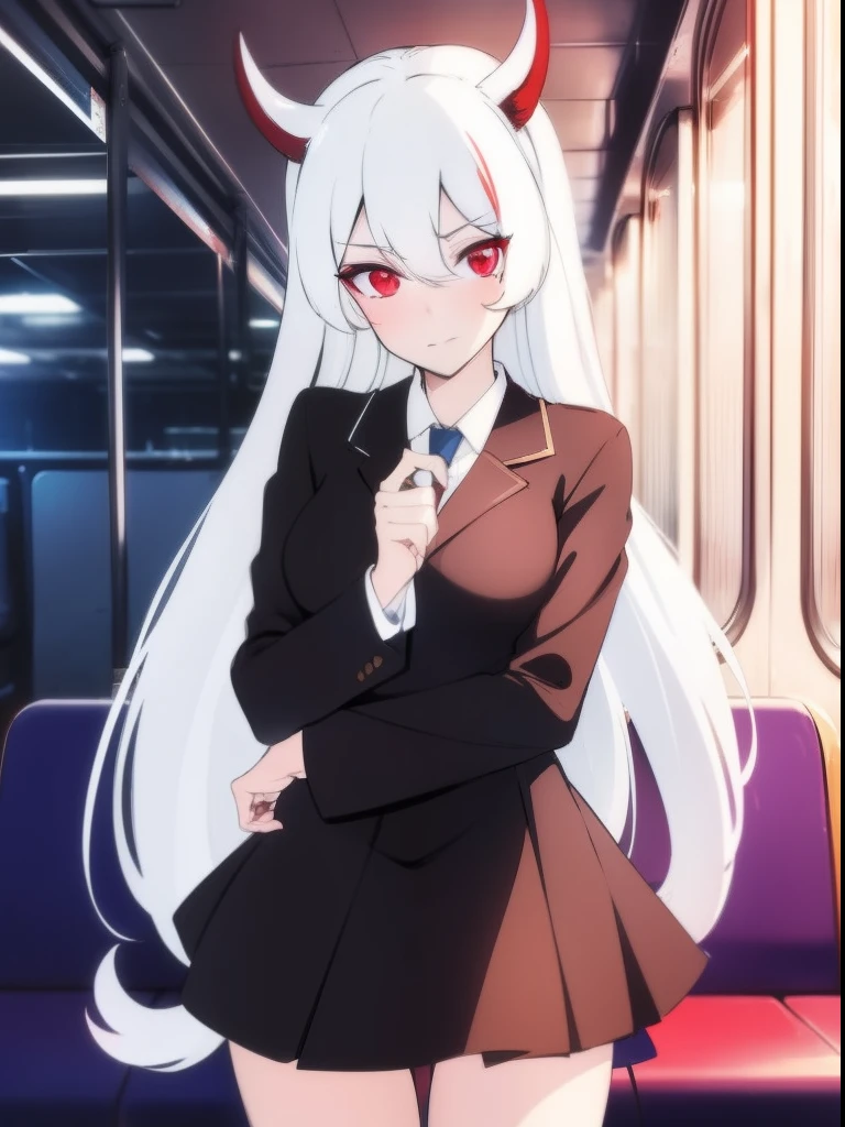 masterpiece，highest  quality，1girll，red eyes，White hair，corners，tail，In the subway