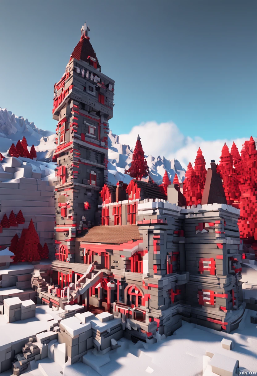 nevando,Castle,borgar,Red roof,snow cover,Voxel artHigh quality voxel artVideo gameDigital artBuilding block style