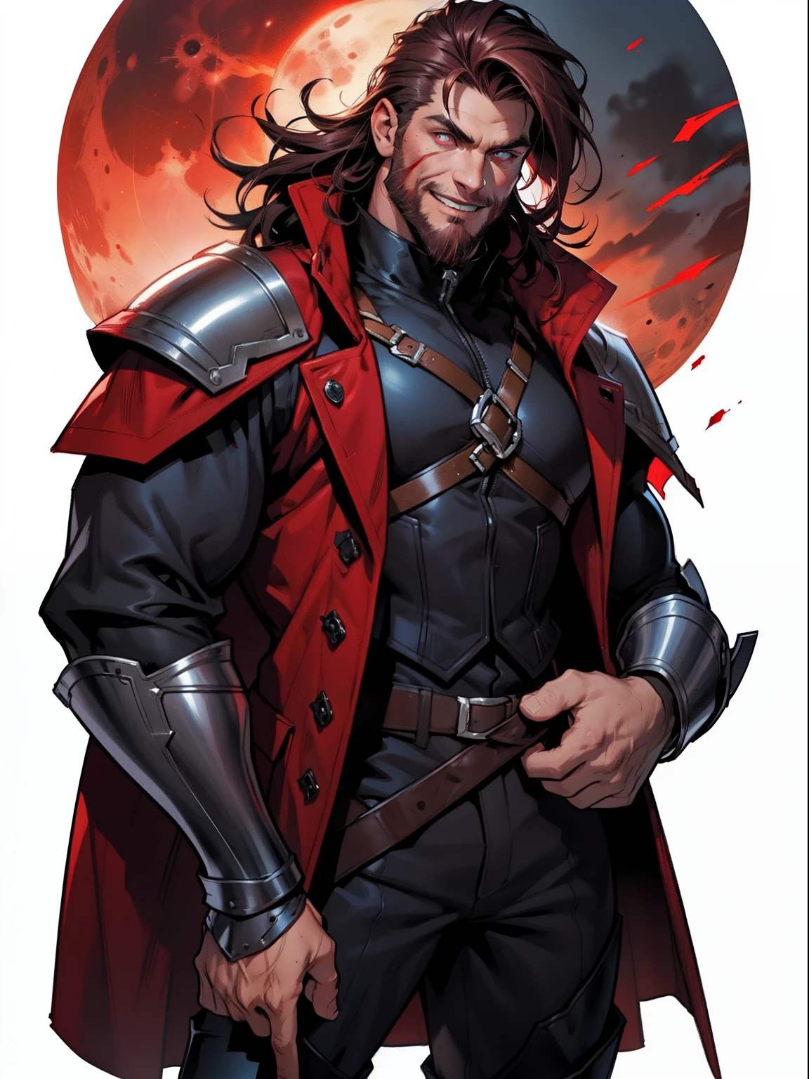 Blood moon background, illustration, Marvel comics style. Tall villian, buffed, short mane hair, ((mullet)), defined face, detailed eyes, short beard, glowing red eyes, dark hair, wily smile, badass, dangerous. Wearing overcoat, armor vest, cargo pants, high boots.