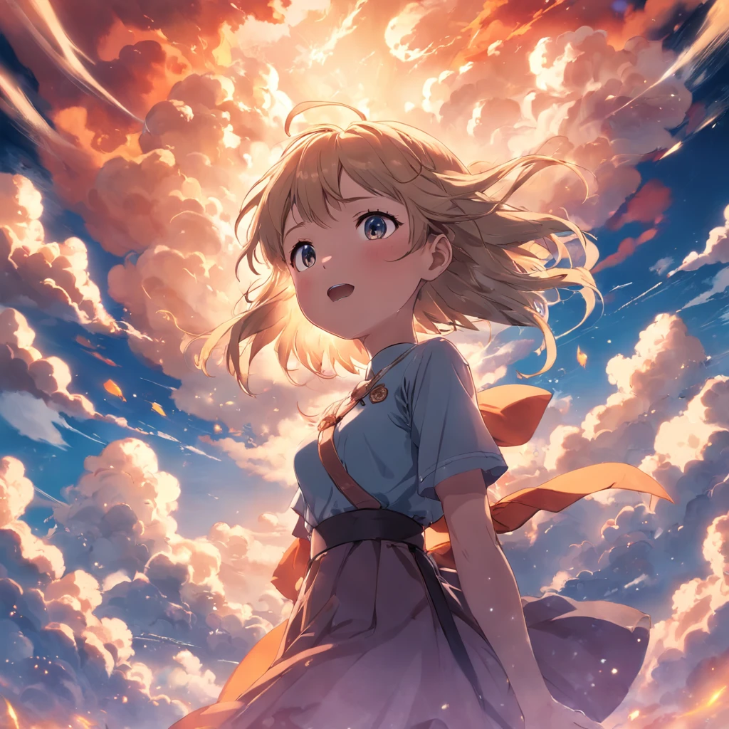 masterpiece, best quality, movie still, 1girl, cloud girl, floating in the sky, close-up, bright, happy, warm soft lighting, sunset, (sparks:0.7)