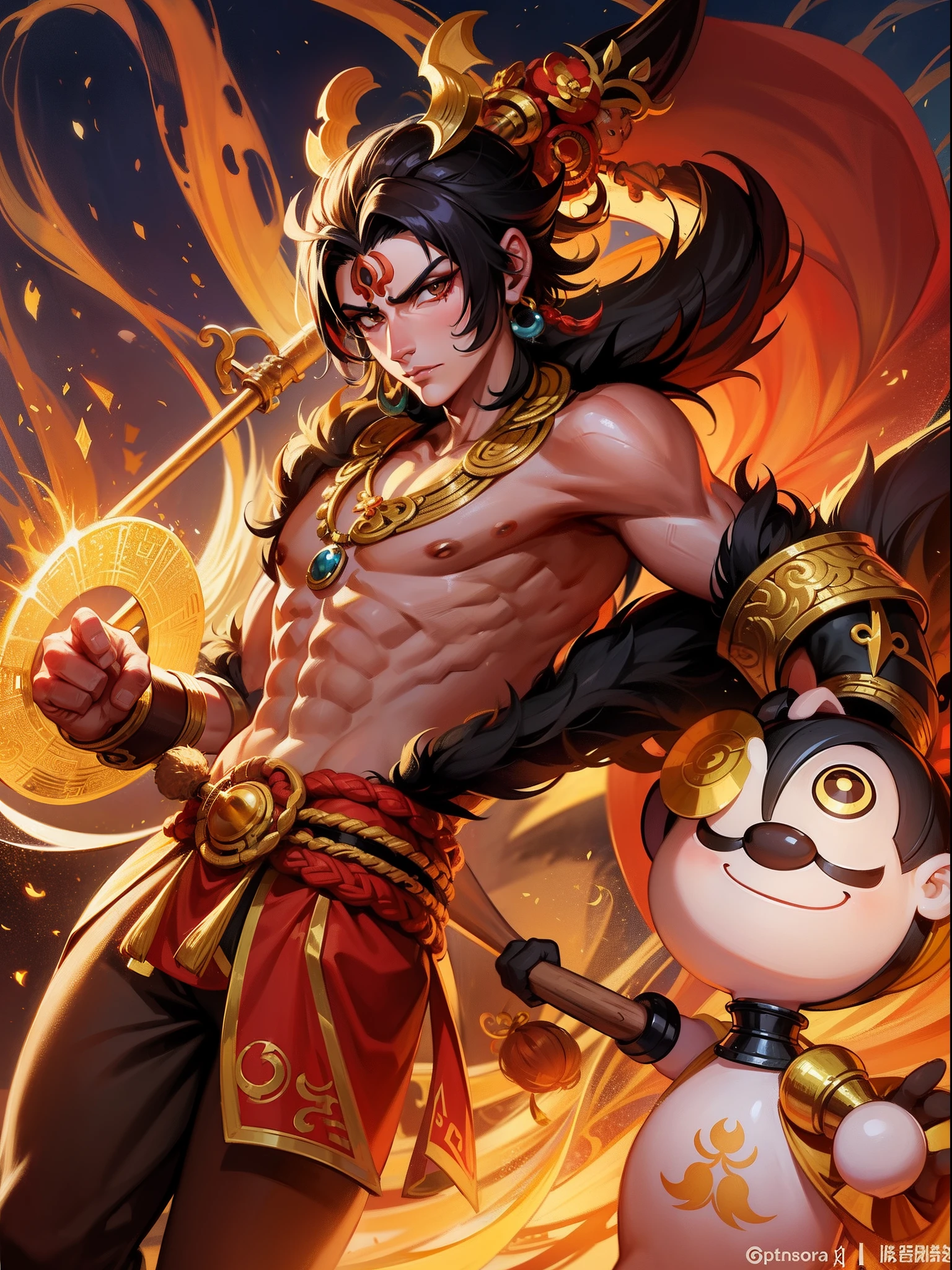 Design the Monkey King in Journey to the West to look like a handsome boy,Have the characteristics of a monkey,But add to the sense of trend,Holding a golden hoop rod in his hand,Handsome look,The facial features are very handsome and compelling