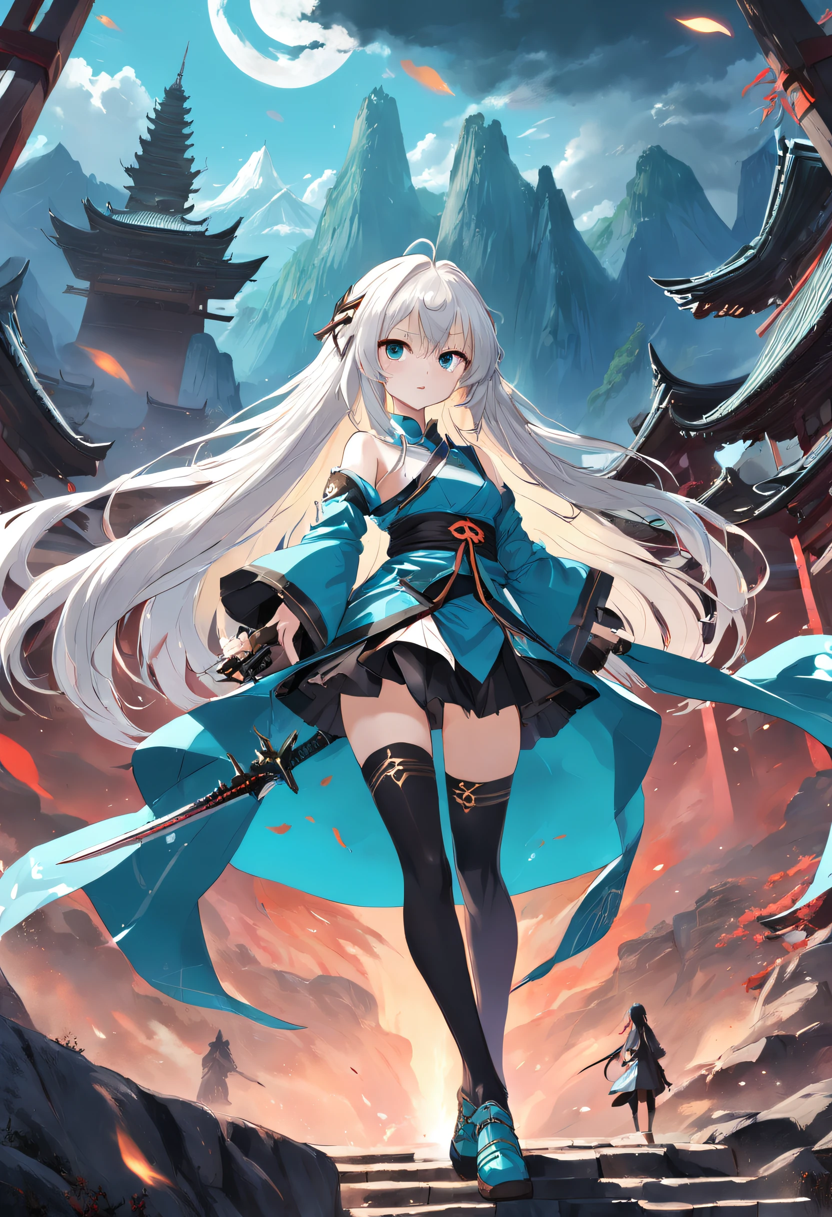 Anime girl with long white hair and black stockings,Turquoise blue clothes,China-style,Towering peaks,The ground filled with long swords,Golden pupils