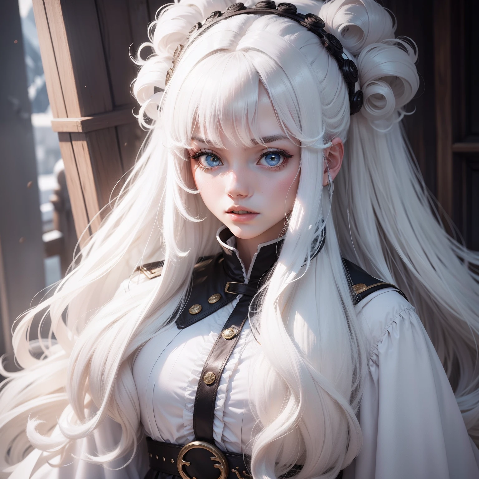 white hair、Longhaire、Blue eyes、adult-like Large white windows、Gentle smile、adult lady、elegent、Small earrings on glass、photogenic、ssmile、4K,8K、top-quality、high-level image quality、masterpiece、Professional Writing、greeneye、独奏、White Dress、Bangs beauty、Beautiful expression Detailed and realistic portrait)、(Shot outside with round eyes and long flapping hair)、Staring at the camera Dramatic Lighting、Photographic realism、ultra-detailliert、 Intimate portrait composition、(Center image composition)