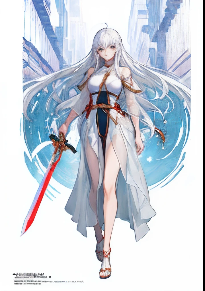 (hightquality)、(hight resolution)、Real Art、Girl with white hair and red costume holding sword, See-through sheer 、Good figure full body and good style、nakeness、cushart krenz key art feminine, epic light novel art cover, overdetailed art, Detailed key art, epic light novel cover art, key art, official artwork, cyarine, Official art, high detailed official artwork, fronds, High-quality art style, zerochan art