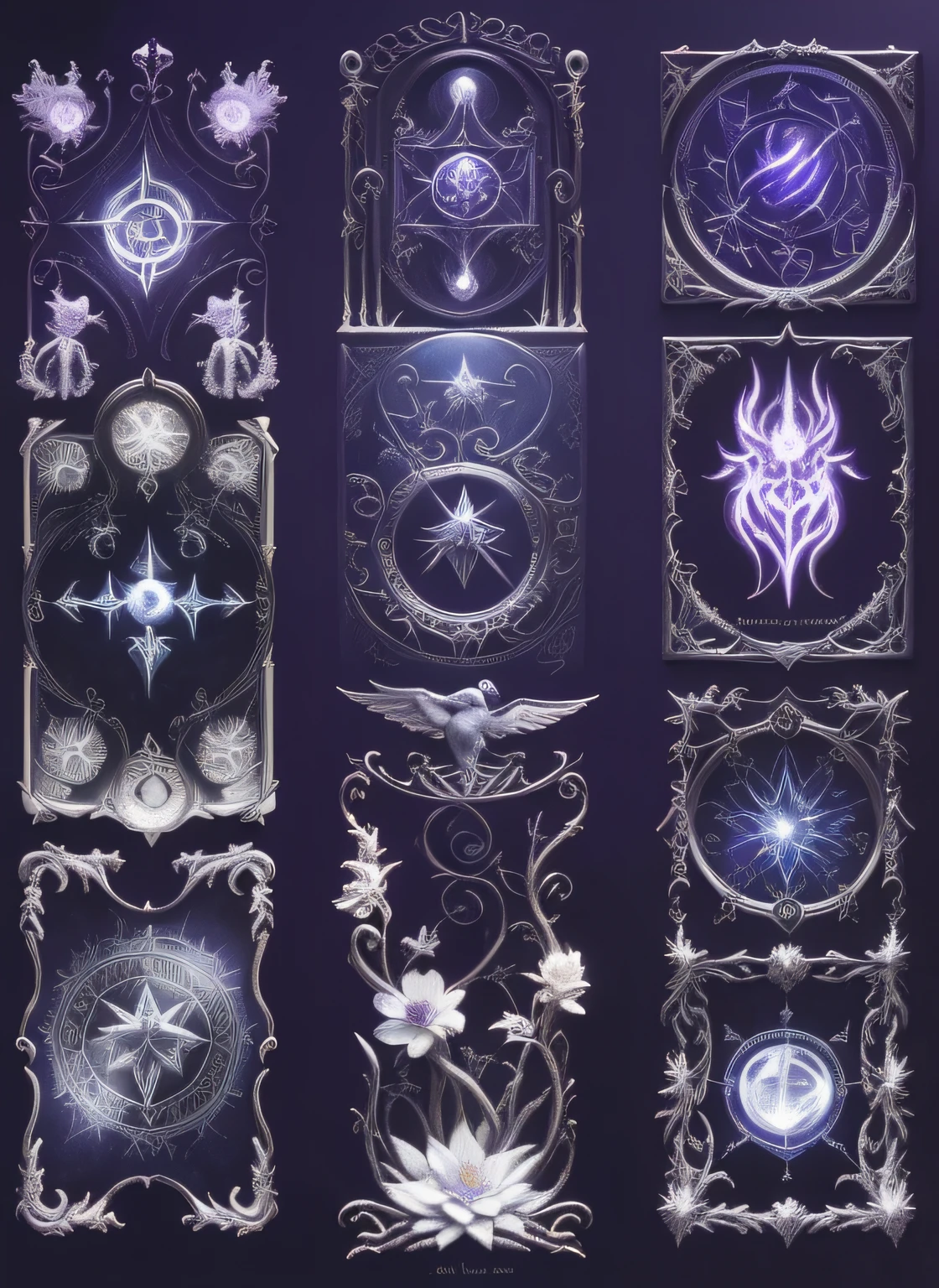 A set of decorative elements for a card game, intricate arcane wiccan designs, Mystical aesthetic alchemy, indigo occult pattern, Mystical aesthetics, tarot design, astral patterns, fairy aesthetics, high detal + tarot cards, symmetrical tarot illustration, intricate wiccan scene detailing, Art Nouveau alien phytophyt, intricate wiccan spectrum, Gothic aesthetics, tarot card art, Occult signs