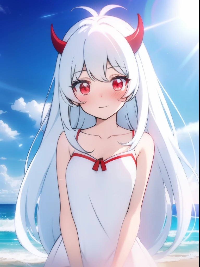 tmasterpiece，highest  quality，1girll，red color eyes，White color hair，banya，coda，beachside，rays of sunshine，Cinematic lighting effects，Particle light effects，Shyness blush