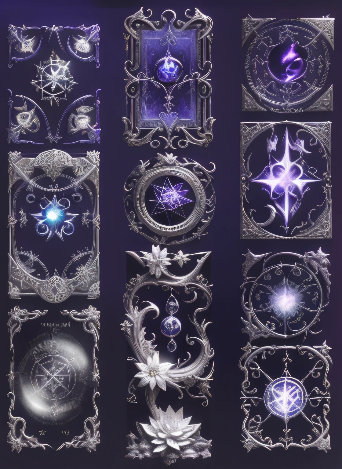 A set of decorative elements for a card game, intricate arcane wiccan designs, Mystical aesthetic alchemy, indigo occult pattern, Mystical aesthetics, tarot design, astral patterns, fairy aesthetics, high detal + tarot cards, symmetrical tarot illustration, intricate wiccan scene detailing, Art Nouveau alien phytophyt, intricate wiccan spectrum, Gothic aesthetics, tarot card art, Occult signs