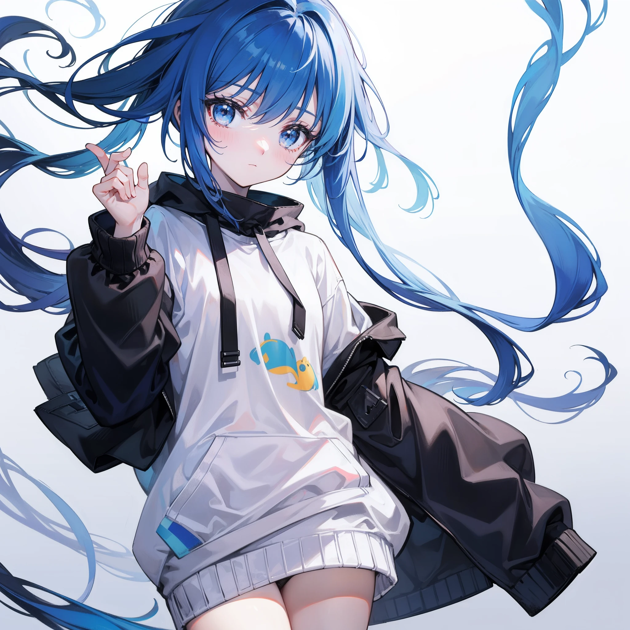 Long fleshy blue hair，Loose and simple sweatshirt，It looks small and cute