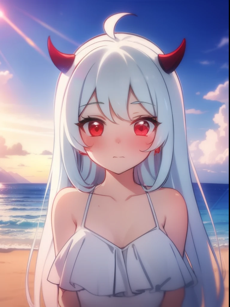 tmasterpiece，highest  quality，1girll，red color eyes，White color hair，banya，coda，beachside，rays of sunshine，Cinematic lighting effects，Particle light effects，Shyness blush