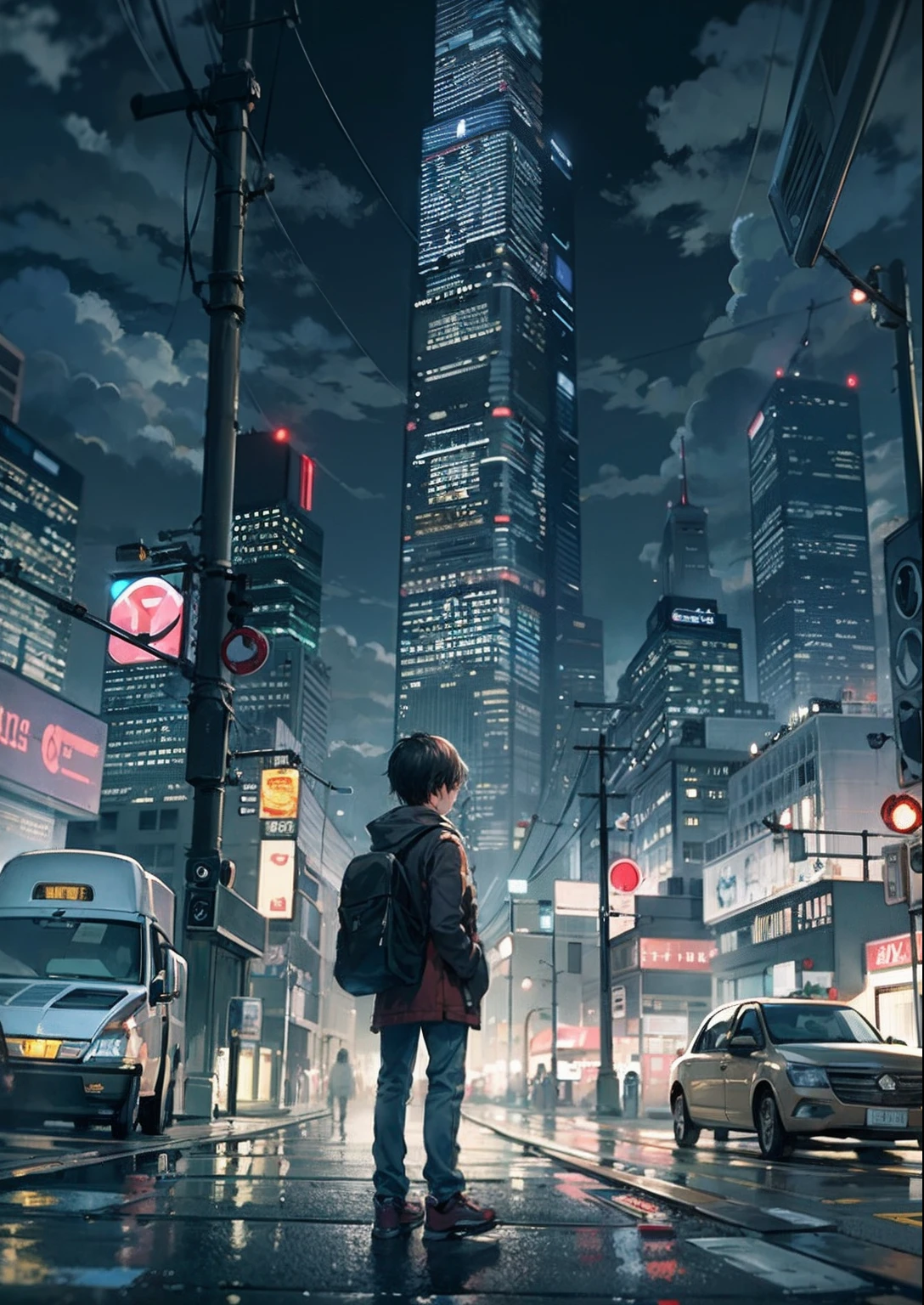1boy,12 only、 arms folded、FULL BODYSHOT、The beginning of the adventure、Very dark sky、Lots of clouds,heavy fog、starrysky、Big Moon,city of the future、dystopian、A group of very tall skyscrapers stands in the center、High-brightness radio tower、Crowded skyscrapers、street signs、streetlights、taxis、buses、Train、Pretty dim lighting、Dark road、puddles、fantastic landscape、hightquality、masutepiece,in 8K、