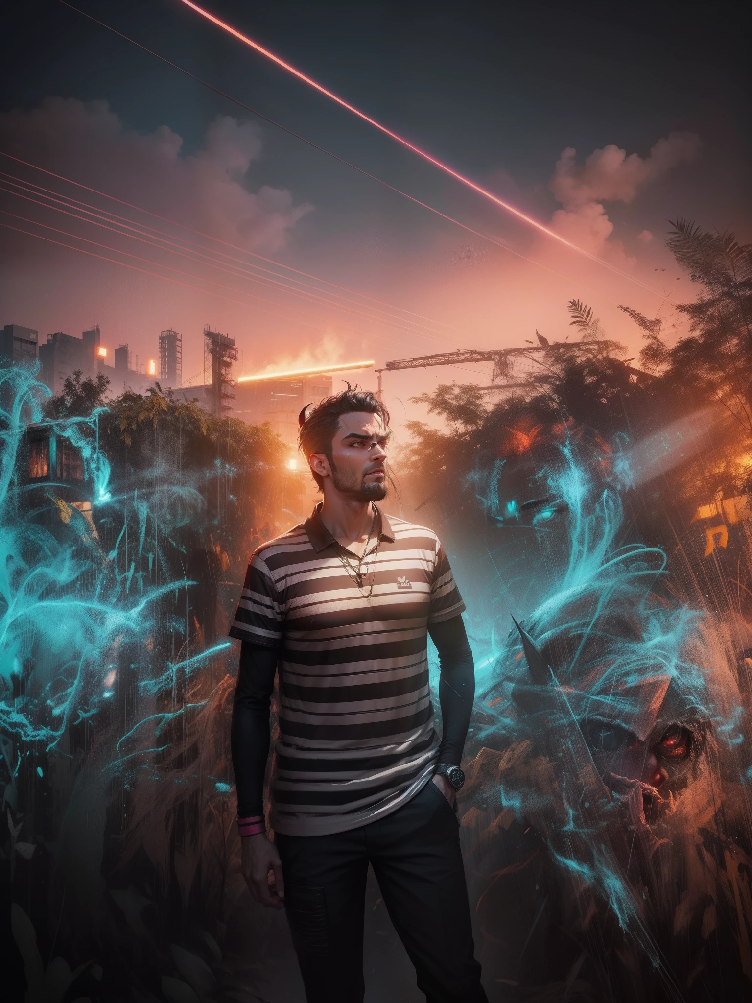 Devil type look. Neon Background high. Realistic. 4k. Don't Change face too much. GAMING look