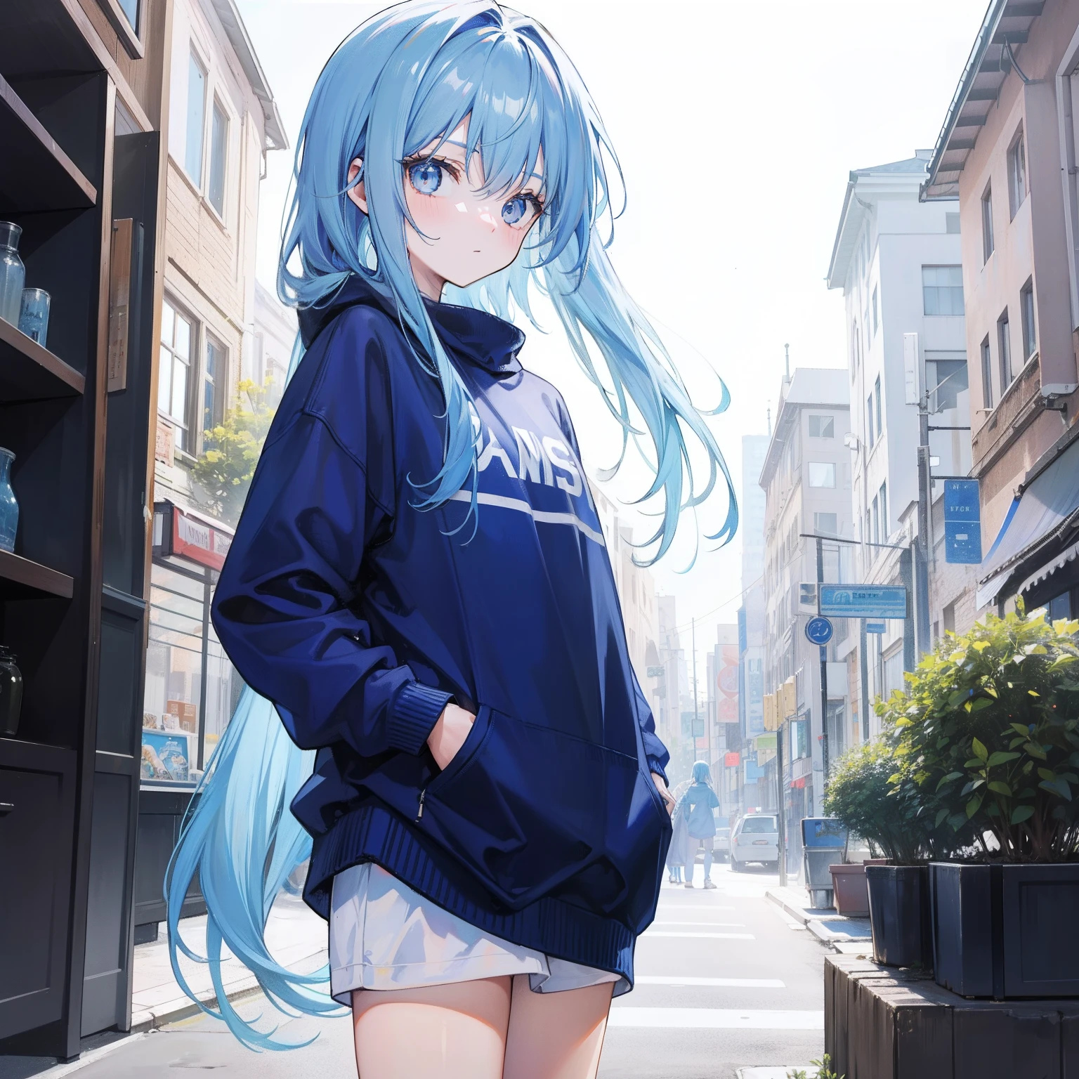 Long fleshy blue hair，Loose and simple sweatshirt，It looks small and cute