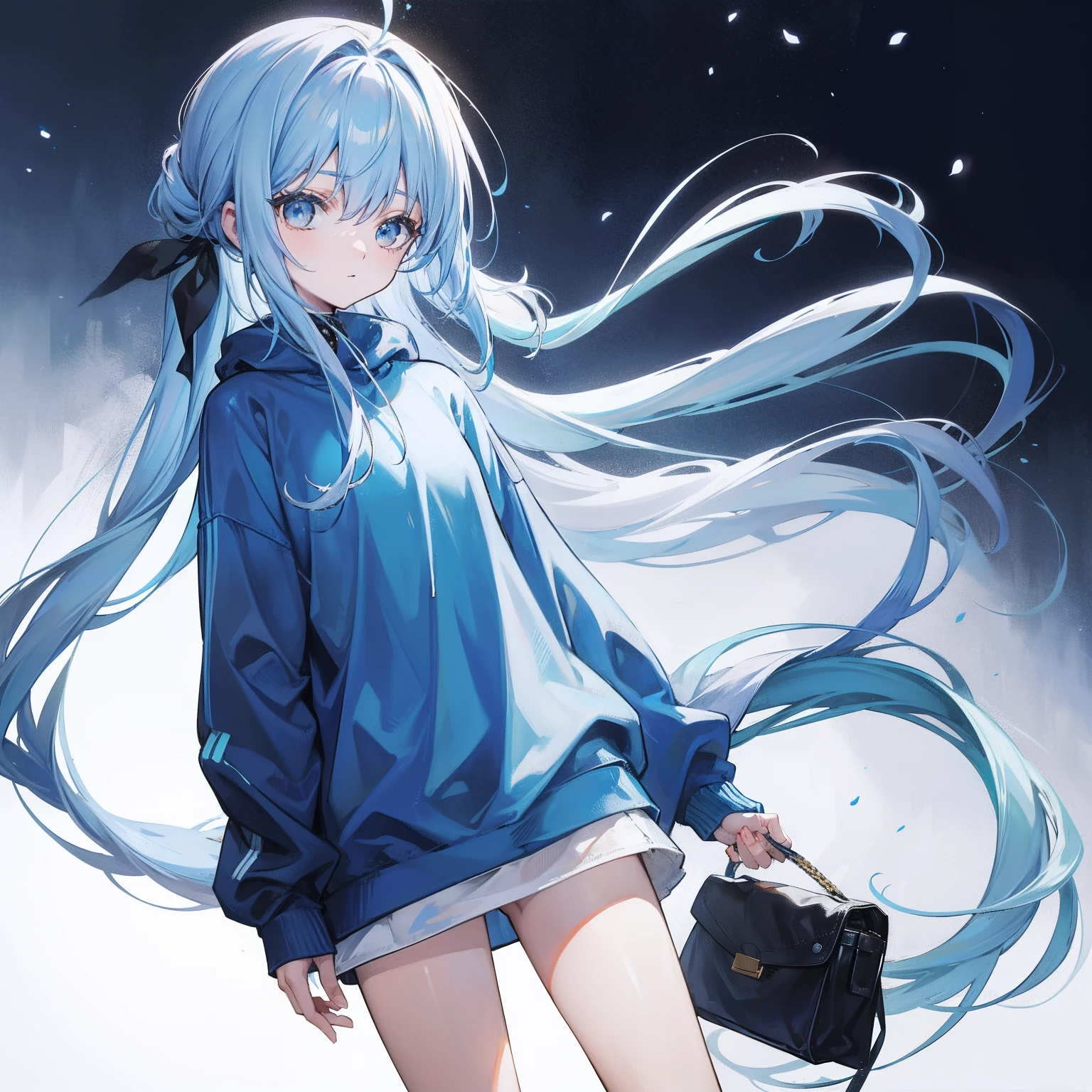 Long fleshy blue hair,Loose and simple sweatshirt,It looks small and cute