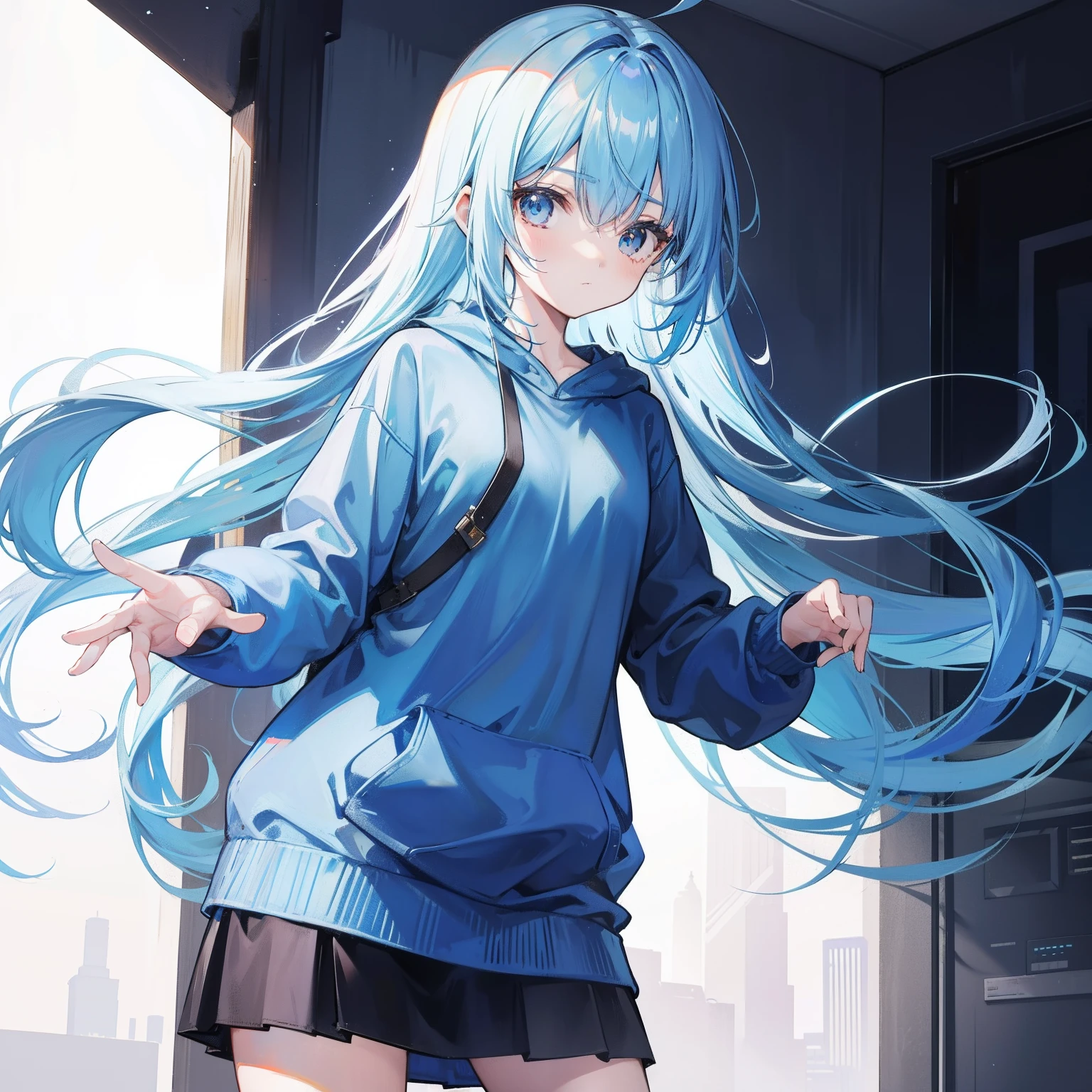 Long fleshy blue hair,Loose and simple sweatshirt,It looks small and cute