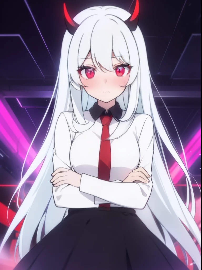 tmasterpiece,highest quality,1girll,red color eyes,White color hair,banya,coda,office room,White dressed in black dress,Professional Dress,Cinematic lighting effects,Particle light effects,Shyness blush
