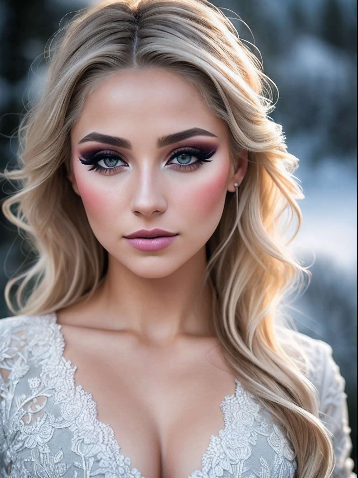 a portrait of a blonde, (makeup:1.4), amazing body, (fit body:1.2), lace outfit, highly detailed hair, natural skin texture, 4k textures, detailed belly, highly detailed perfect smooth skin, lightroom, intricate, ultra-realistic, outside, (hdr:1.3), uhd, (intricate details, hyperdetailed:1.1), cinematic, photo-real, (dark shot:1.2), dramatic, high contrast, (warm colors:1.1), muted colors, masterpiece, elegant, sharp focus, in the snowy mountains