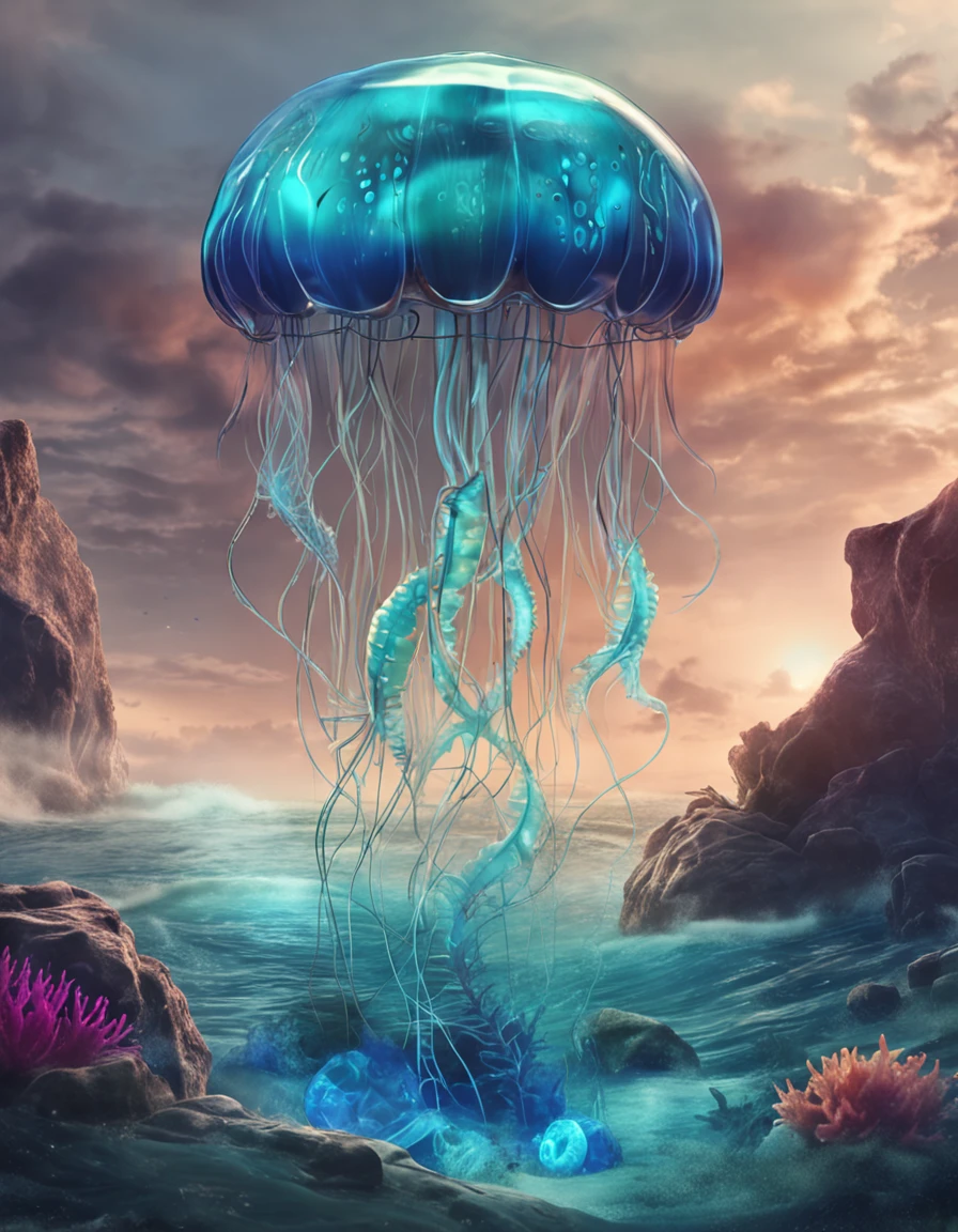 The sea is blue in color，Jellyfish are transparent，The treasure chest is in the body of the jellyfish。