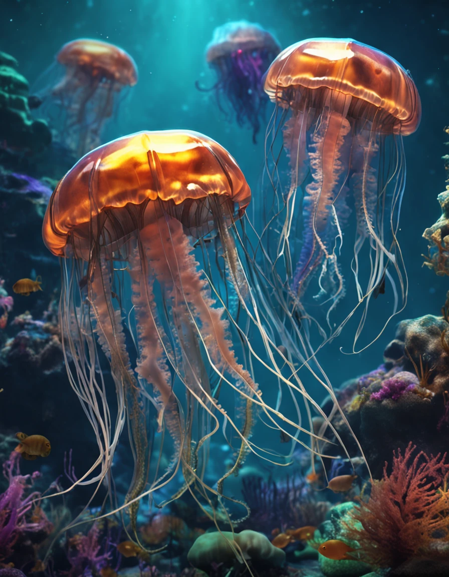 The sea is blue in color，Jellyfish are transparent，The treasure chest is in the body of the jellyfish。