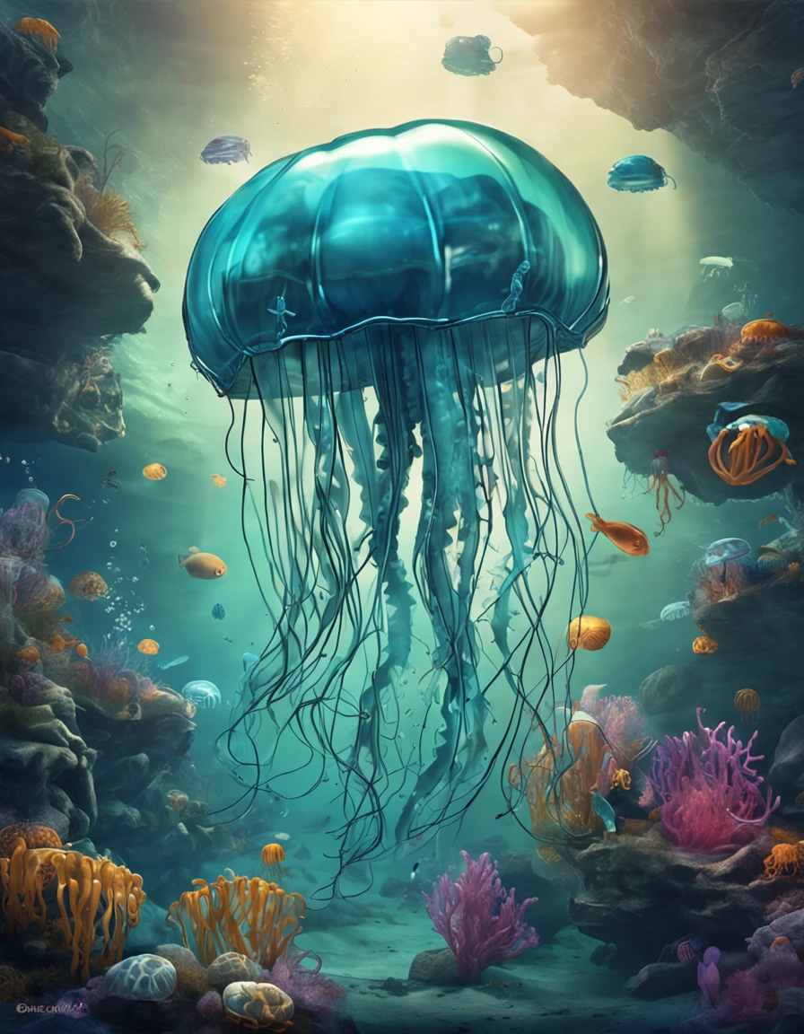 The sea is blue in color,Jellyfish are transparent,The treasure chest is in the body of the jellyfish。