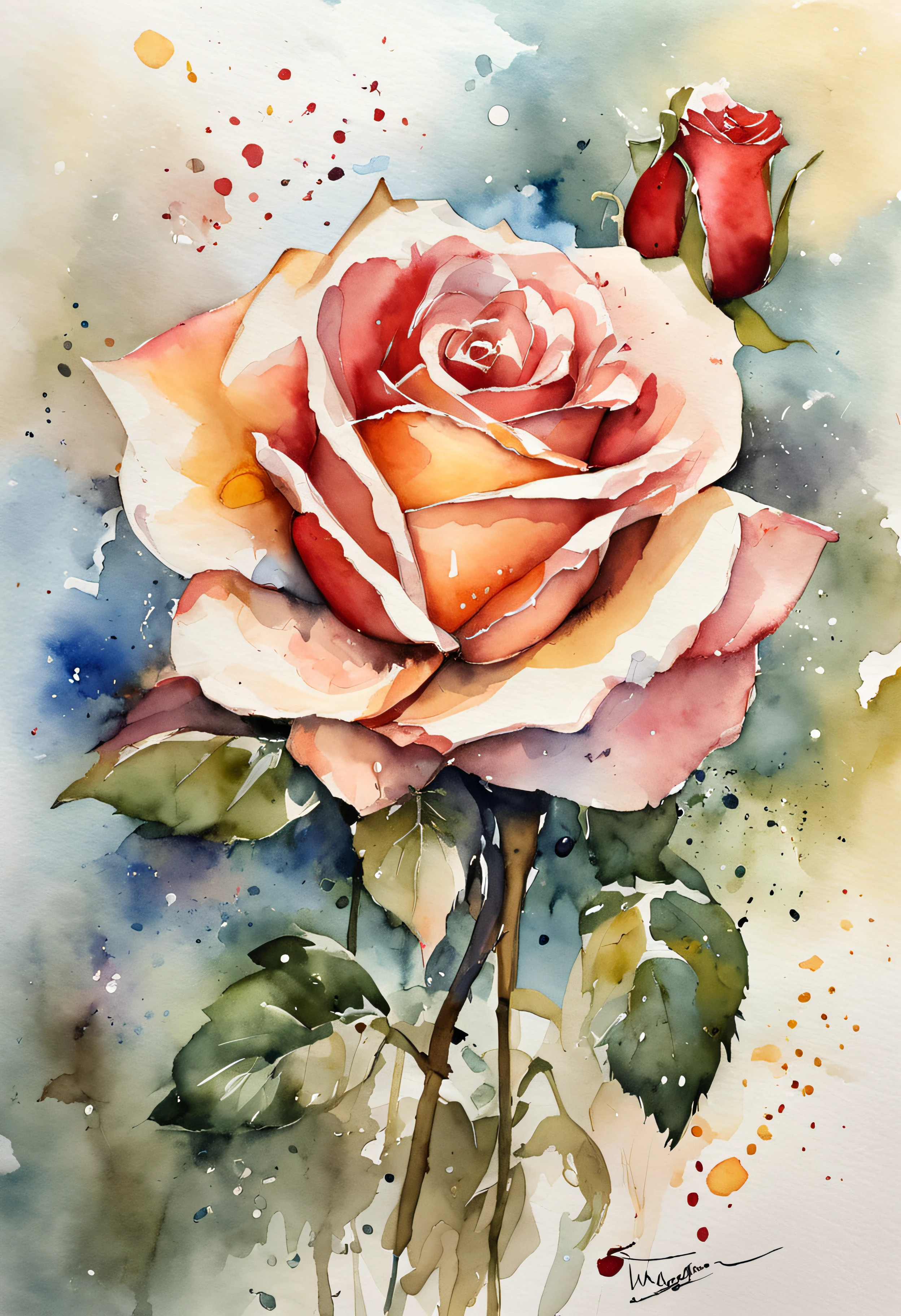 Single rose，Wtrcolor style，Blowing in the wind，tmasterpiece，big breasts beautiful，（（aquarelle）），paint splatter，Complicated details。The is very detailed，[dripping:0.7]，Rachel Walke