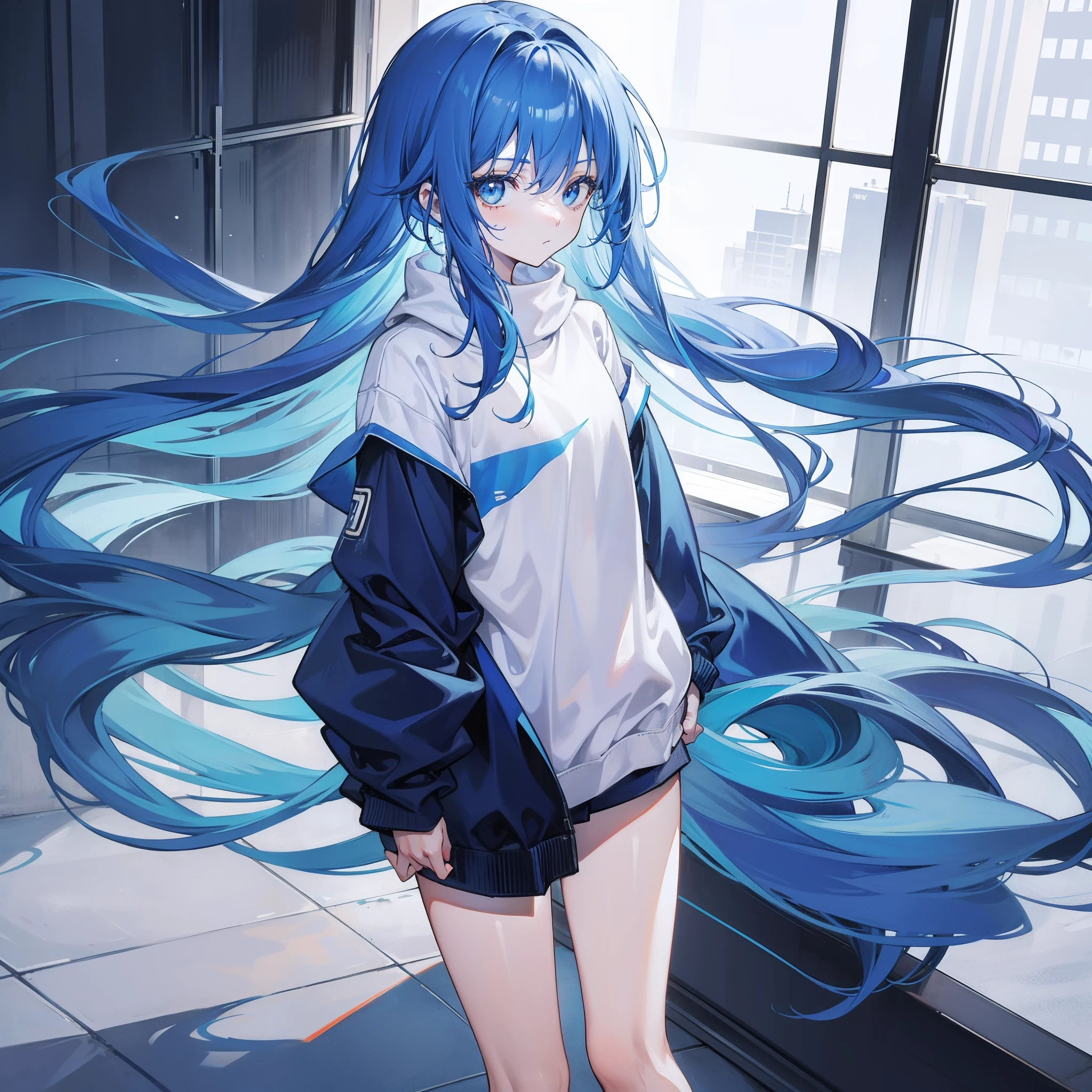 Long fleshy blue hair,Loose and simple sweatshirt,It looks small and cute