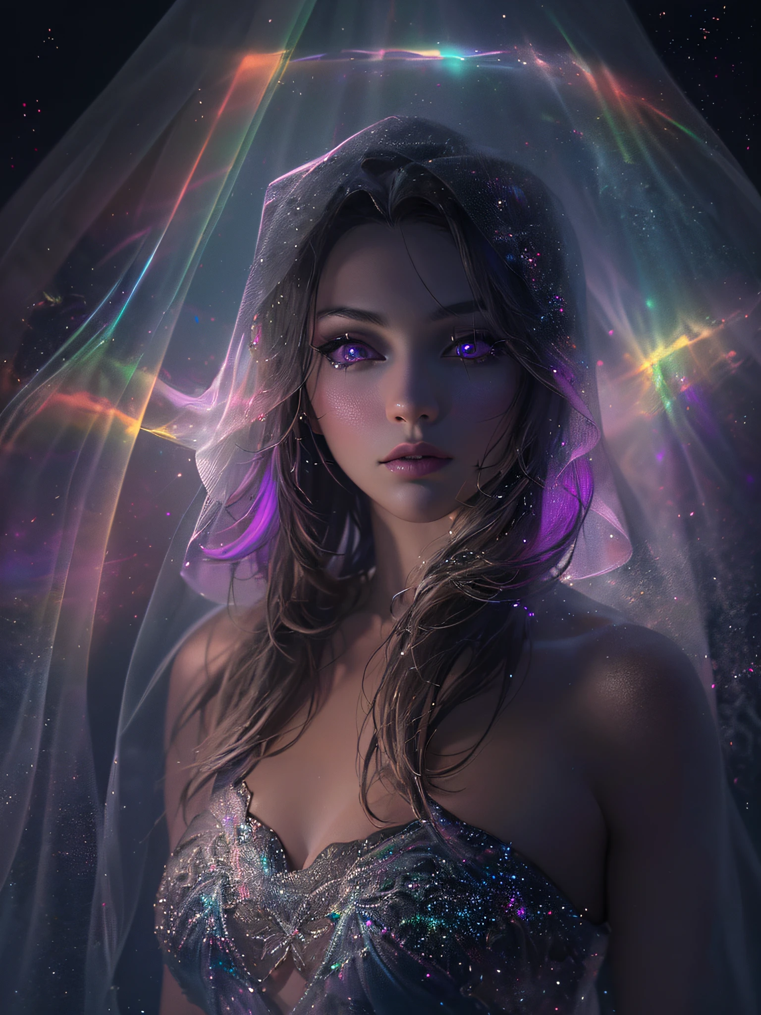 (official art, unity 8k wallpaper, ultra detailed, beautiful and aesthetic, masterpiece ,best quality, photorealistic:1.3), (a woman in a see-through navy dress:1.3), (fractal art:1.2) , (dynamic angle), (black and purple background, darkness, rainbow-colored aura floating in the darkness:1.3), (shiny skin),realistic style with fantasy elements , charming realistic characters, shiny skin, Surrealism,(((veil of light, colorful veil, Veil with light particle effect, glowing))),