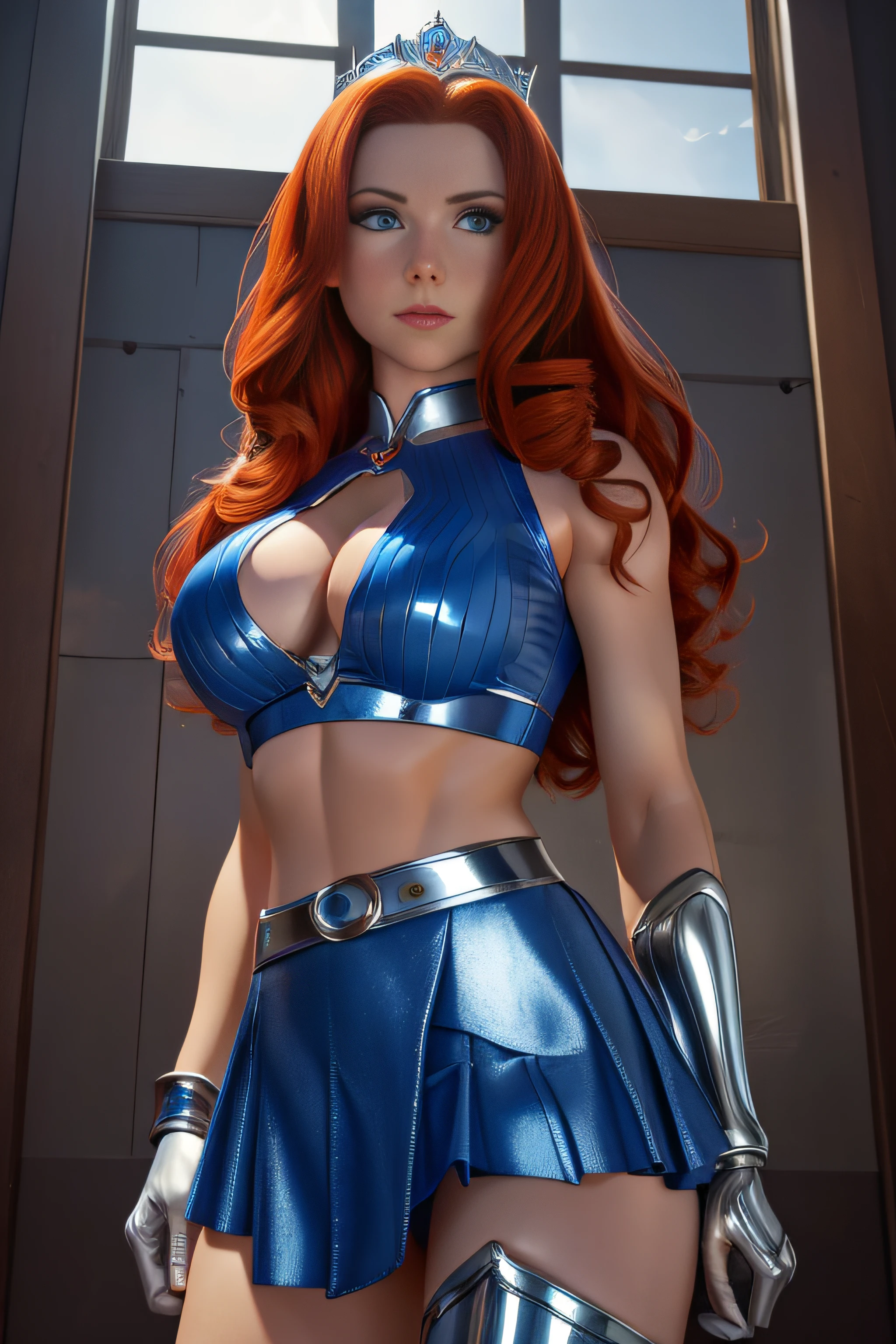 (Masterpiece, 4k resolution, ultra-realistic, very detailed) as a beautiful shy superheroine. red hair blue eyes wears a sleeveless blue midriff shirt with a silver trident, wears a silver tiara on forehead with a blue gem in the center. wears silver bracelets or cuffs with long blue gloves, A blue skirt with a silver belt . wears long blue knee boots portrait photography by artgerm, in the style of realism, glistening skin, cartooncore, mangacore, natural lighting, Defined full lips. fitness feminine body