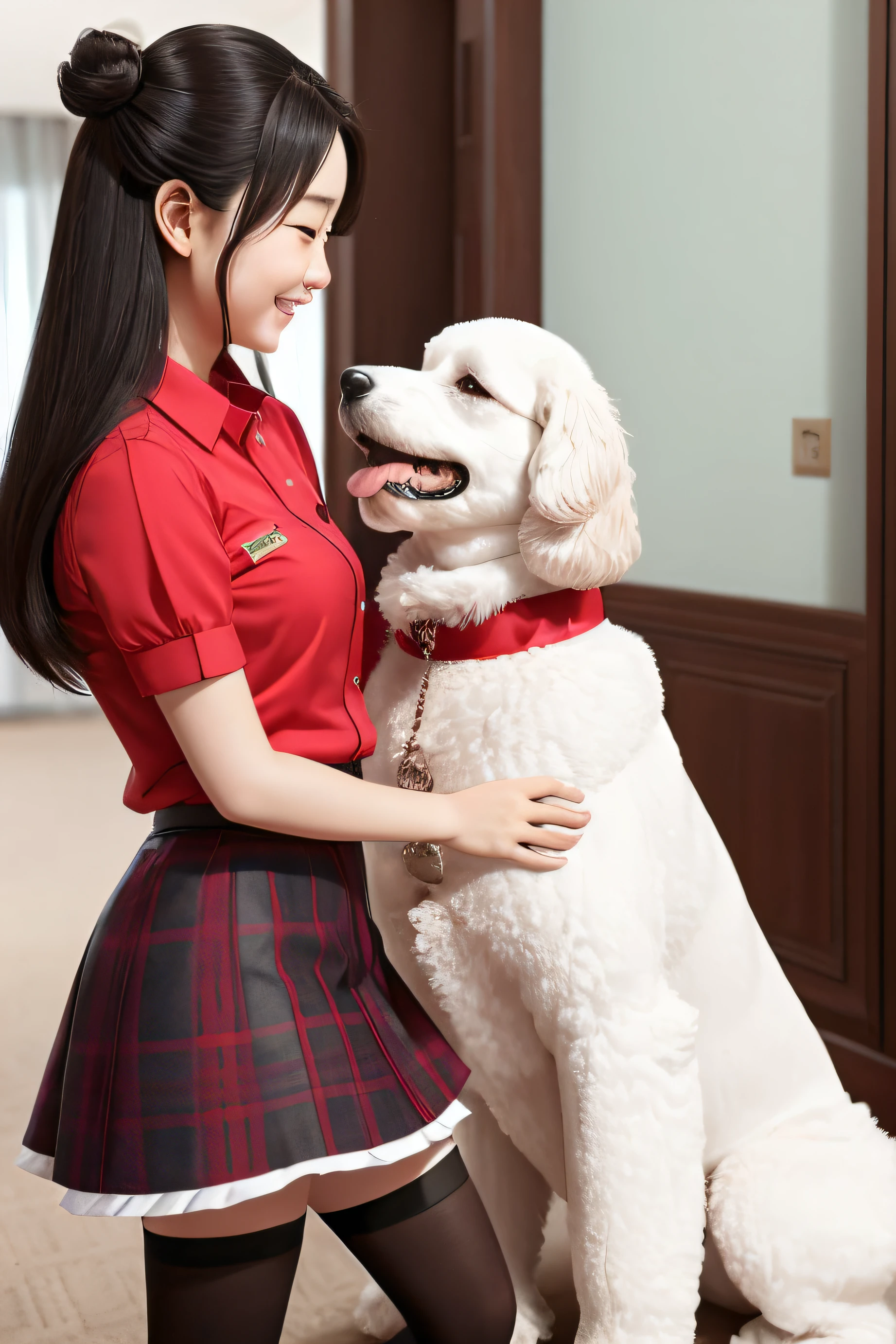 Xiaoya is a very attractive girl，She has a beauty that cannot be ignored。One day，She wears a JK uniform，black lence stockings，Short plaid skirt，Exudes seductive sexiness。She stroked a huge white poodle in her hand，Gentle and kind。 At this moment，The dog seemed to feel Xiaoya's feelings，It stands on its hind legs，Just like humans。Woman meets dog's eyes，Look at each other affectionately，It was as if each other's hearts had traveled through time and space，Tightly intertwined。 This scene makes the dog feel shy，It bowed its head，He didn't dare to look directly into Xiaoya's eyes。Sin embargo，Xiaoya is happy because of the intimate interaction with the dog。She had a happy smile on her face，As if the world was already perfect。 Xiaoya has a deep relationship with this white giant poodle，Their tacit understanding reached unprecedented heights。Their interaction is more than just the relationship between owner and pet，It is a close friendship that transcends language and species。 --auto