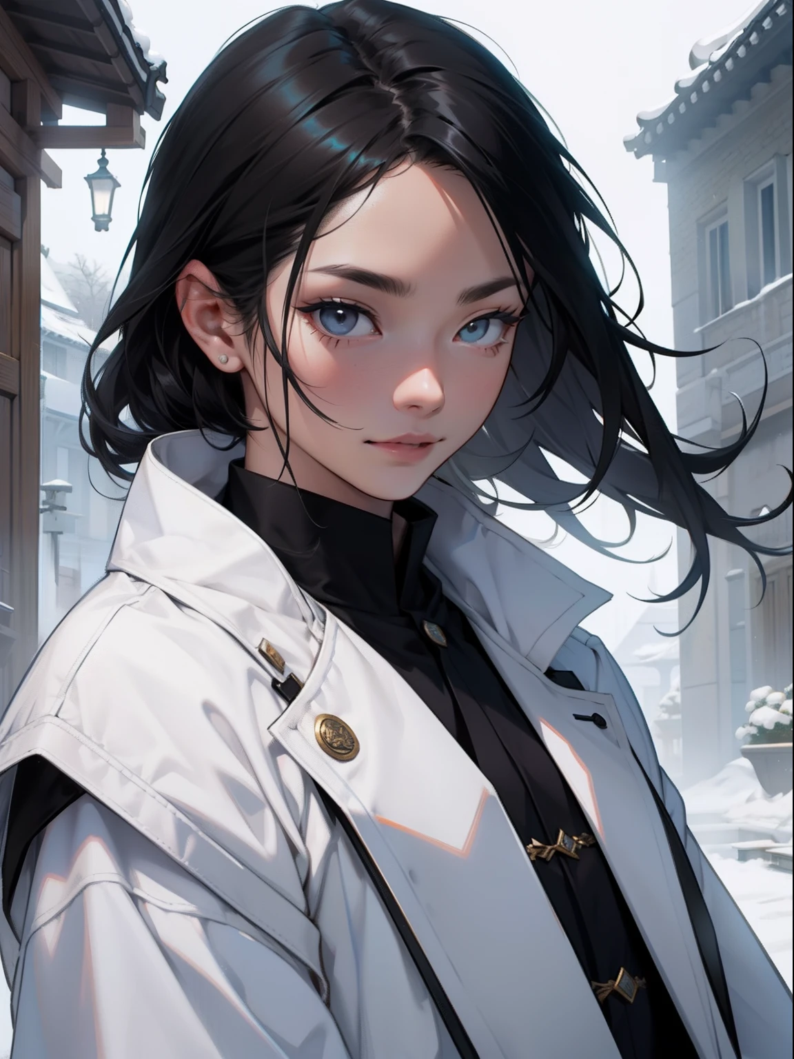 outside,In the daytime,White coat,Douluo Continent costume,Black color hair,Headshot