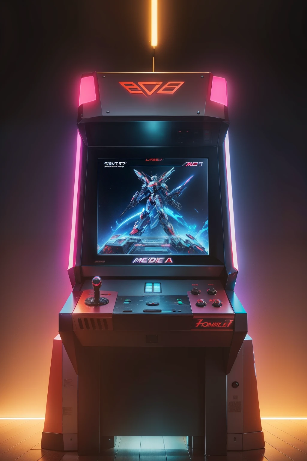 A mecha-themed arcade console，Be bold，neonlight，in a panoramic view，solid，