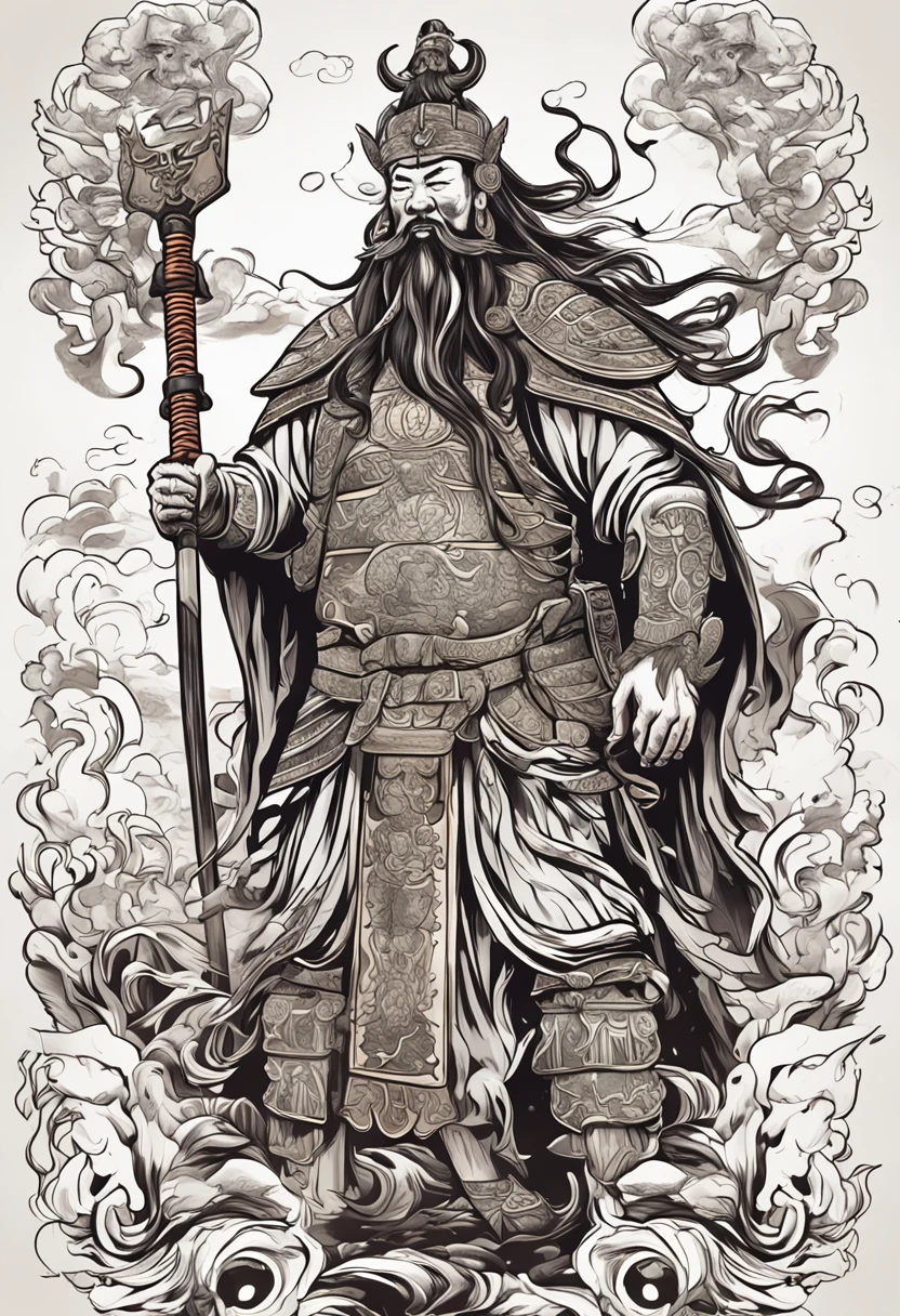 Guan Gong tattoo design, Guan Gong, New traditional tattoo style, 2D, Flat vector, Character design, T-shirt design, Chinese style, vectorial art, Fantasy art, Effect watercolor, digital paint, Clean white background, 8K --ar 9:16,terroral,folkloric,Cthulhu,Red,darkly