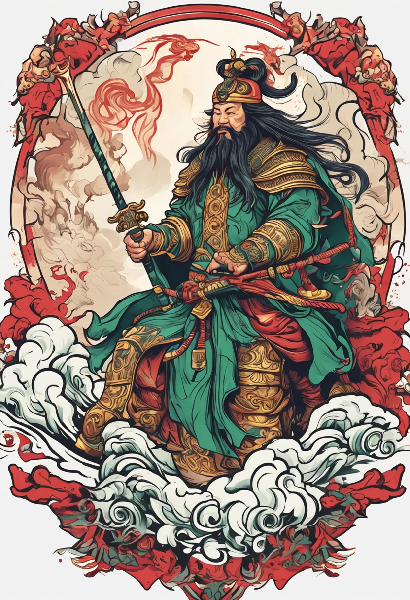 Guan Gong tattoo design, Guan Gong, New traditional tattoo style, 2D, Flat vector, Character design, T-shirt design, Chinese style, vectorial art, Fantasy art, Effect watercolor, digital paint, Clean white background, 8K --ar 9:16,terroral,folkloric,Cthulhu,Red,darkly