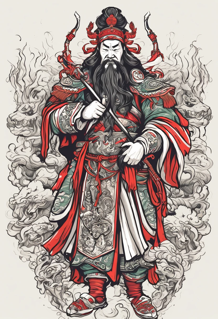 Guan Gong tattoo design, Guan Gong, New traditional tattoo style, 2D, Flat vector, Character design, T-shirt design, Chinese style, vectorial art, Fantasy art, Effect watercolor, digital paint, Clean white background, 8K --ar 9:16,terroral,folkloric,Cthulhu,Red,darkly